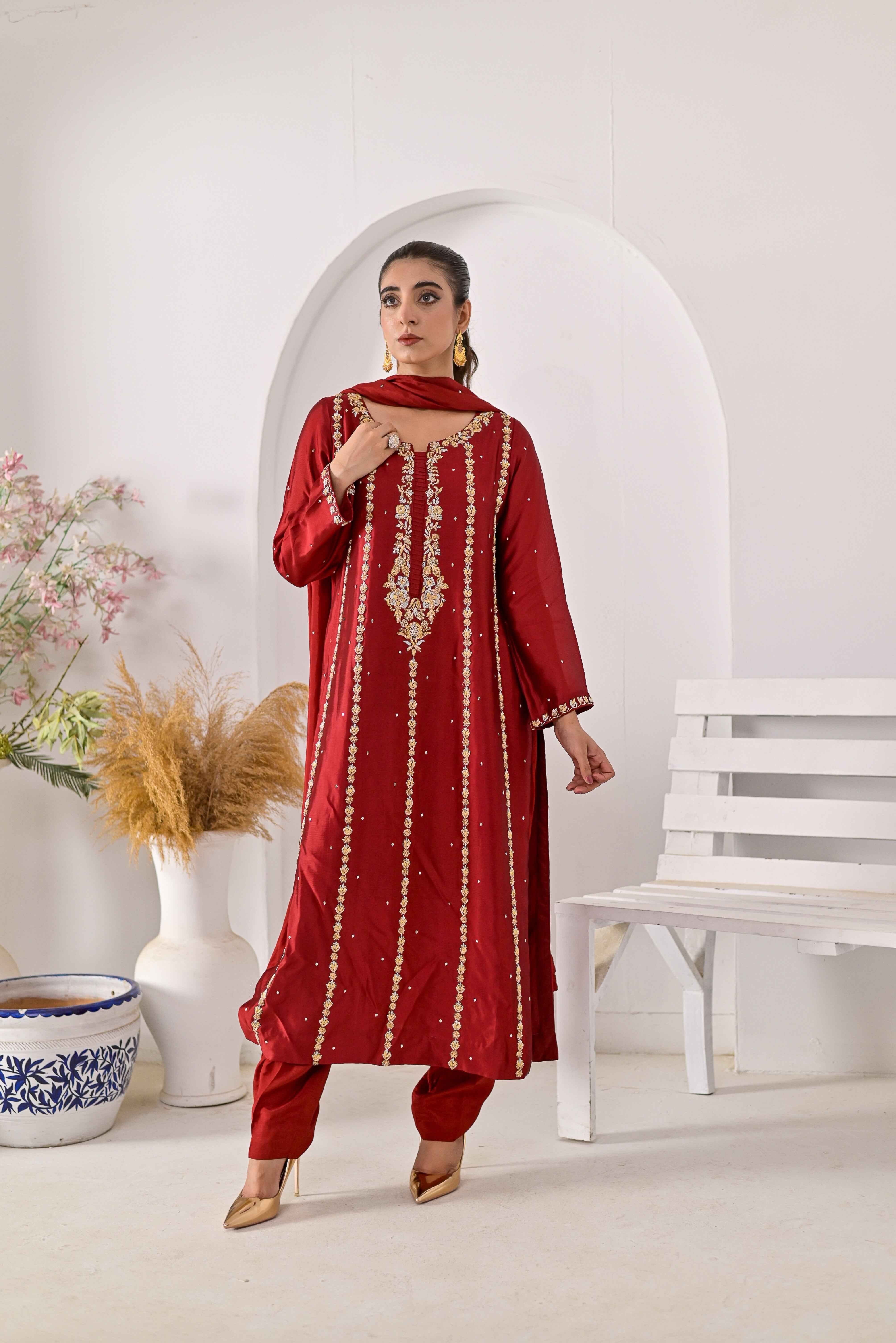 Pure Shisha Silk 3-Piece Suit – Lilac with Hand Embellishment - Bin Hussain