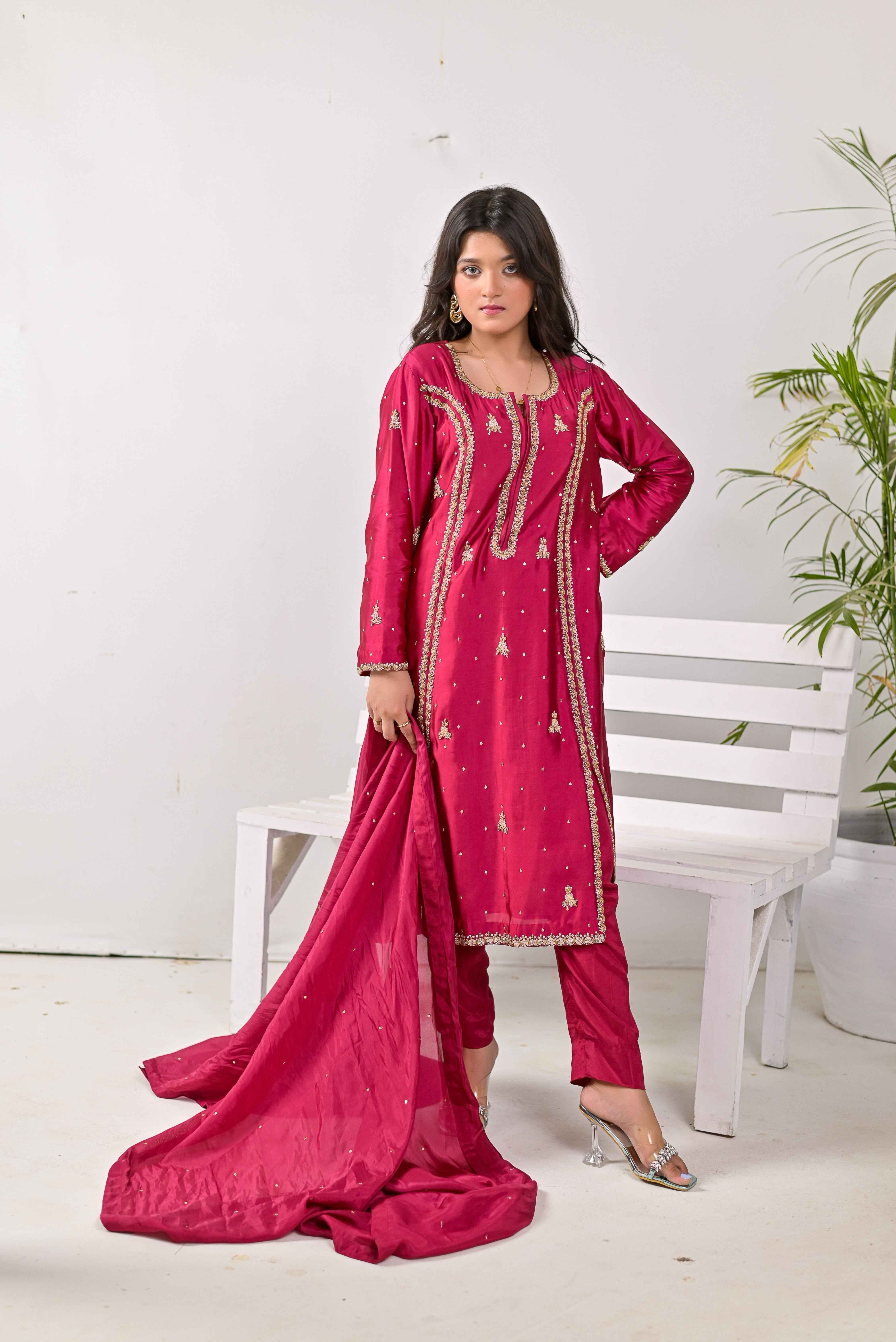 Pure Shisha Silk 3-Piece Suit – Lilac with Hand Embellishment - Bin Hussain