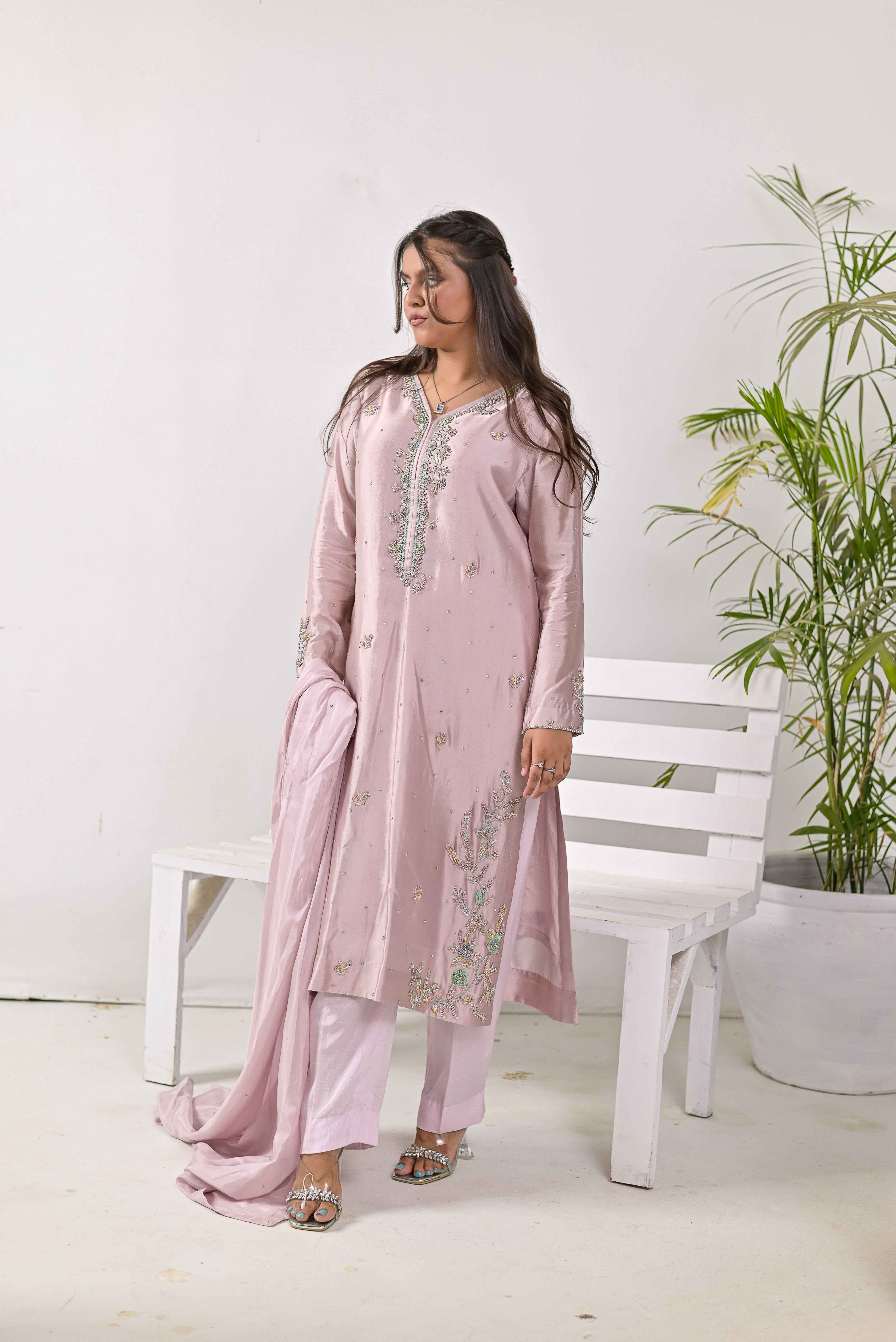 Pure Shisha Silk 3-Piece Suit – Lilac with Hand Embellishment - Bin Hussain