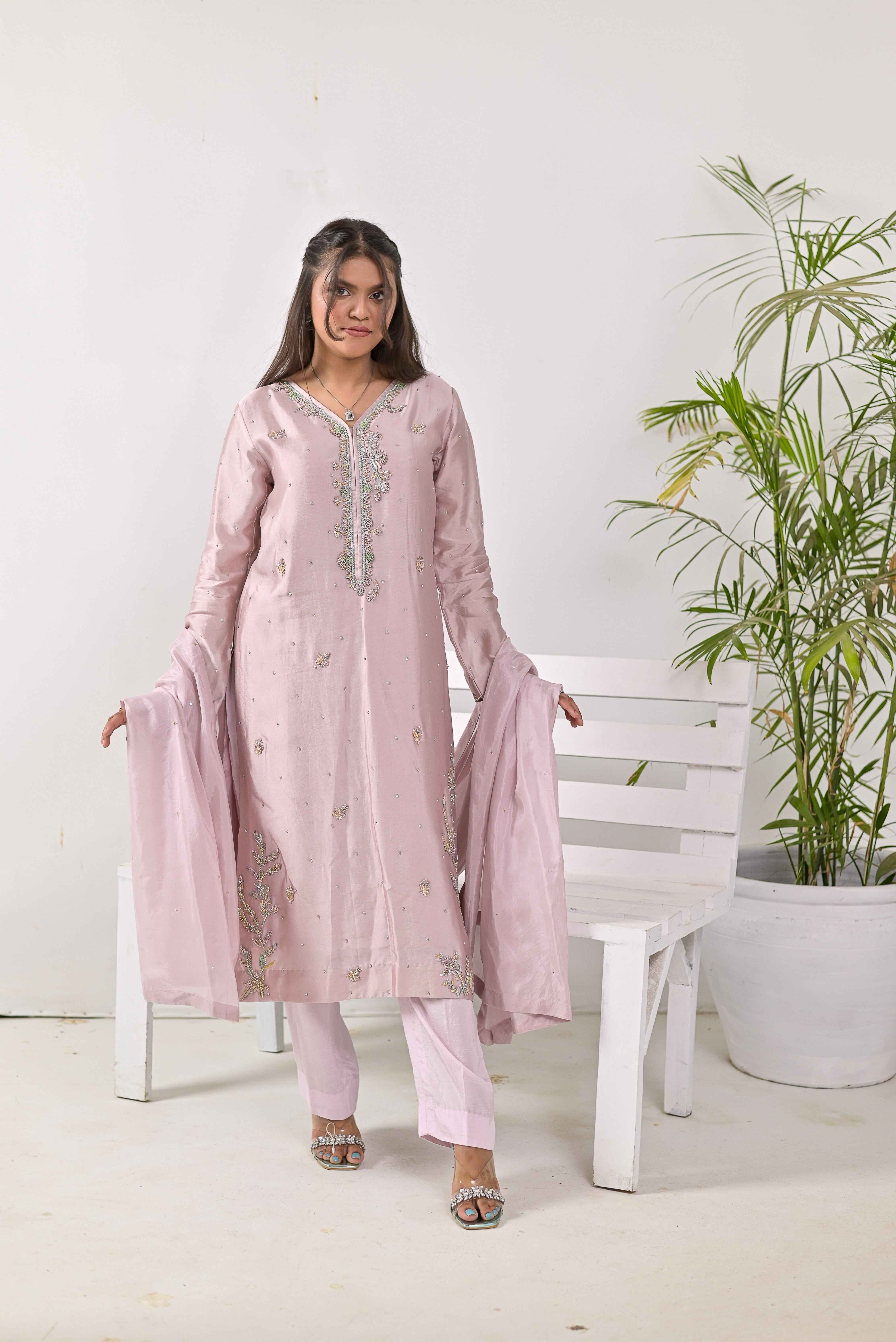 Pure Shisha Silk 3-Piece Suit – Lilac with Hand Embellishment - Bin Hussain