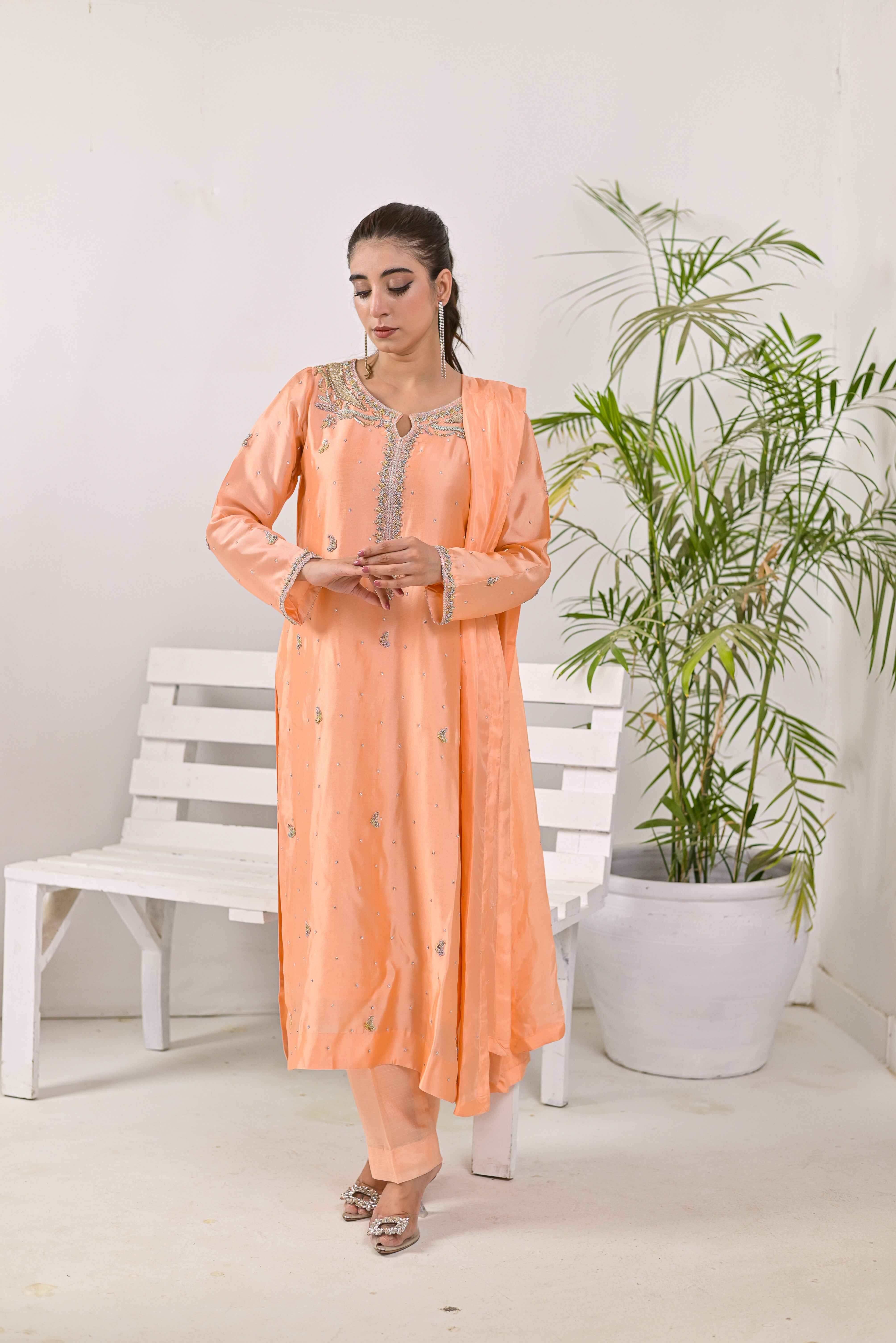 Pure Shisha Silk 3-Piece Suit – Lilac with Hand Embellishment - Bin Hussain