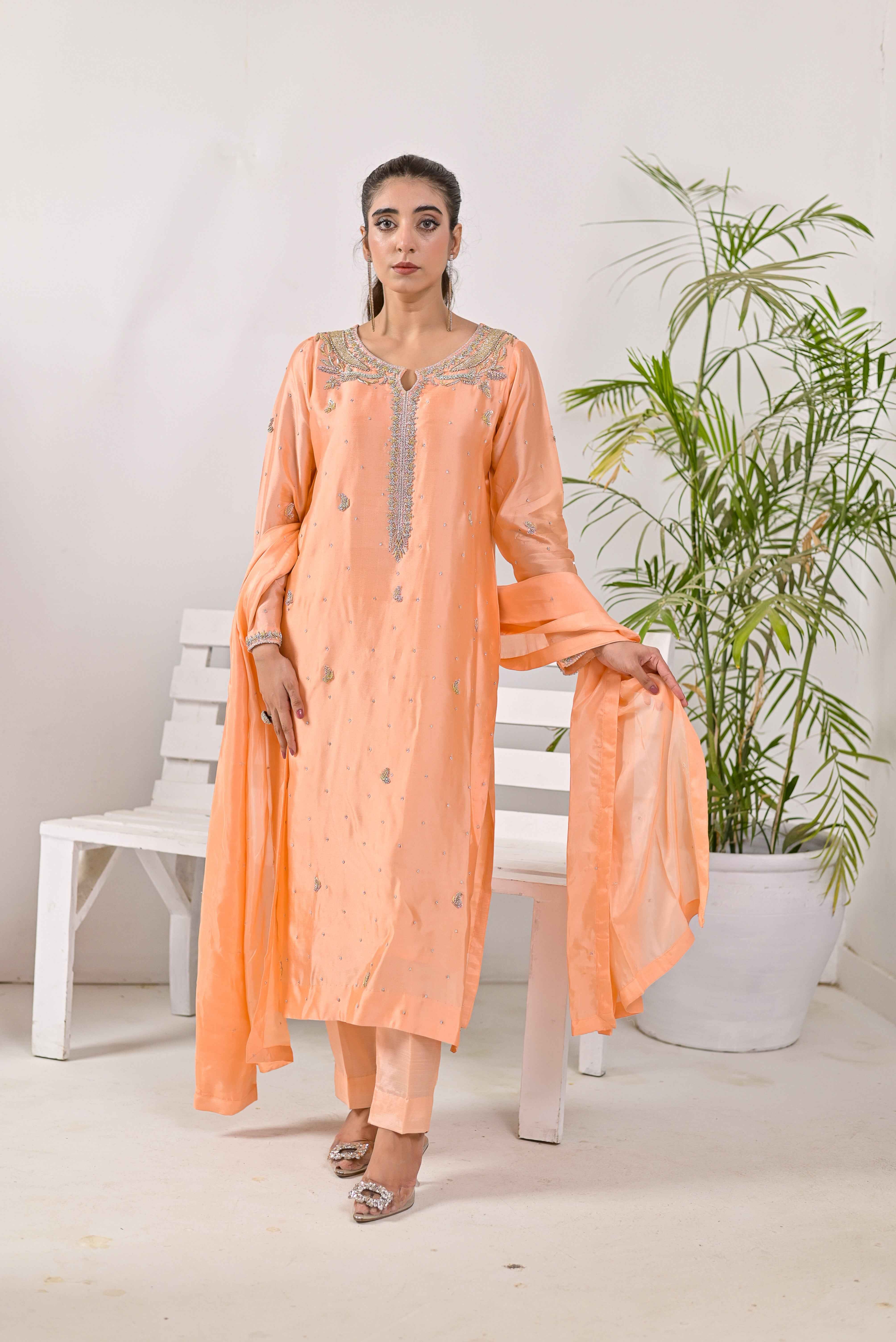 Pure Shisha Silk 3-Piece Suit – Lilac with Hand Embellishment - Bin Hussain