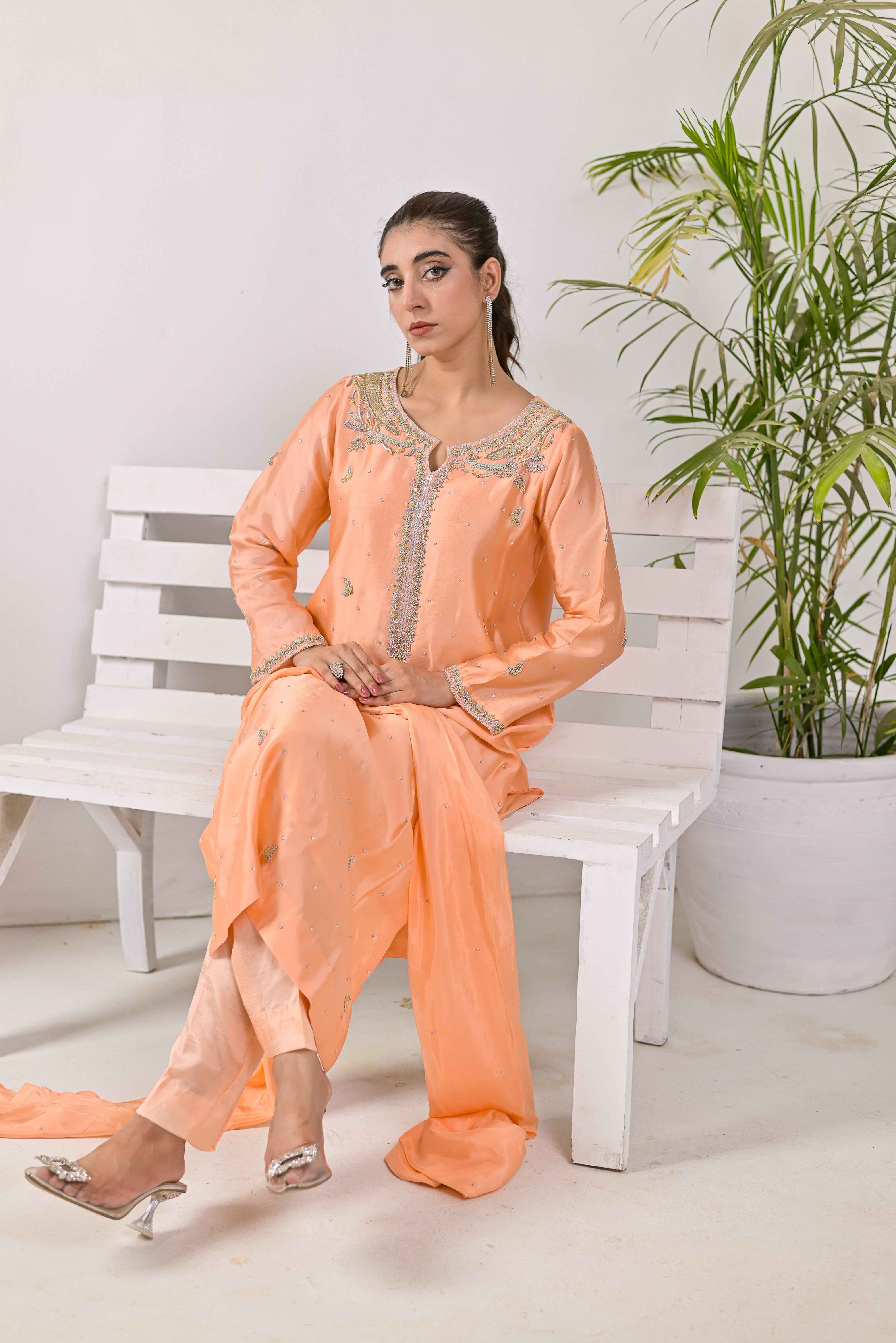 Pure Shisha Silk 3-Piece Suit – Lilac with Hand Embellishment - Bin Hussain