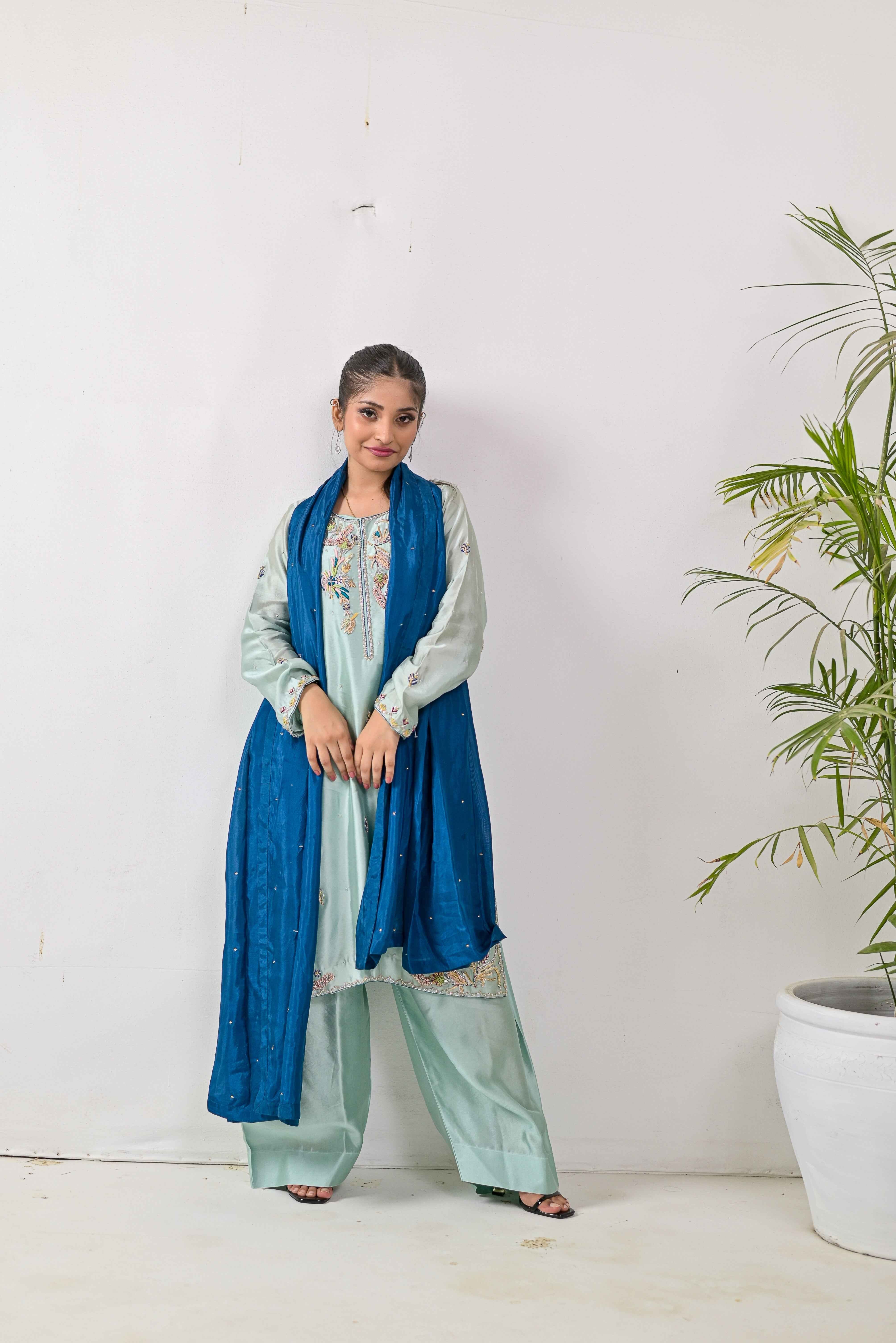 Lavender Embroidered Silk 3-Piece Suit N10 - Bin Hussain