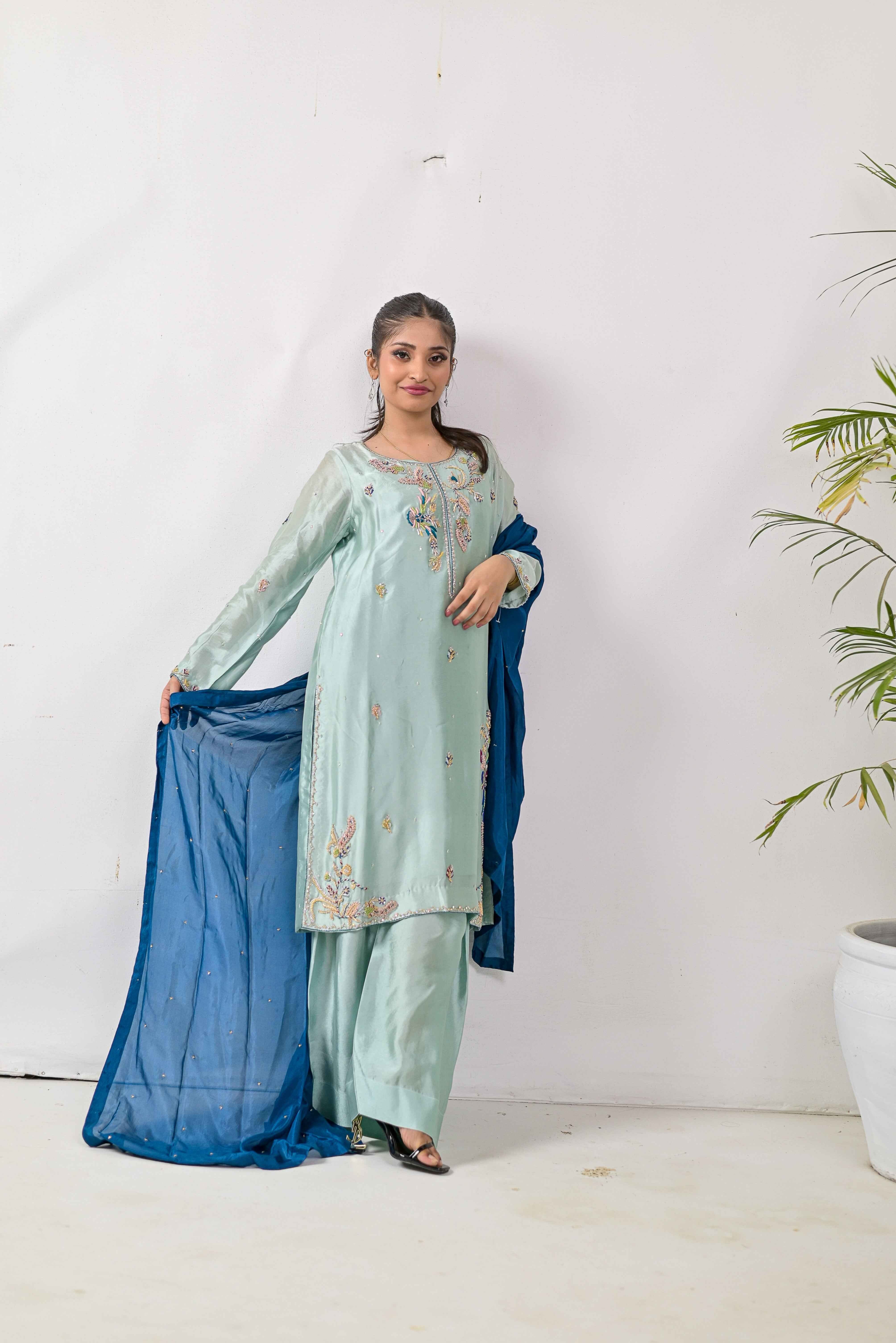 Lavender Embroidered Silk 3-Piece Suit N10 - Bin Hussain