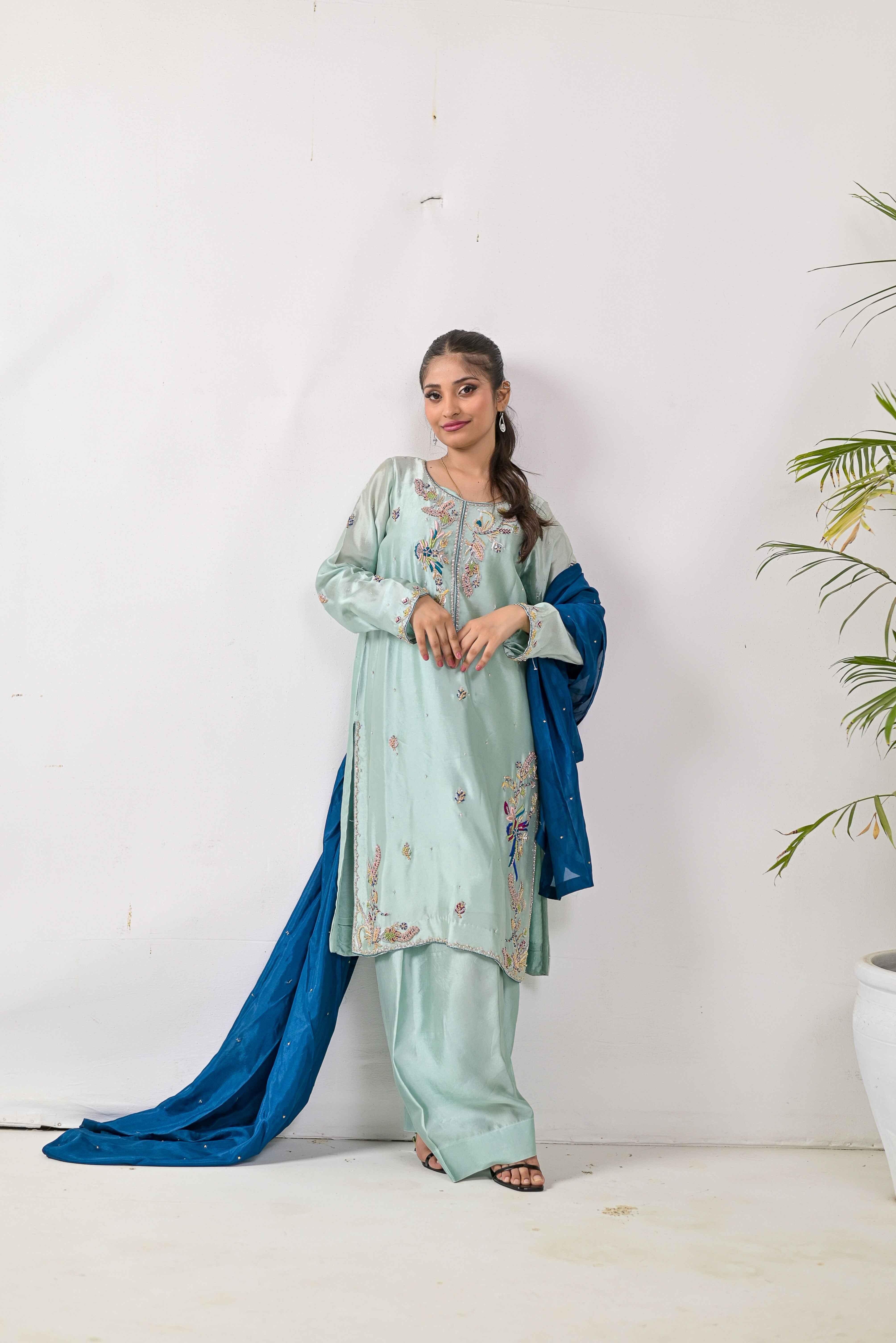 Lavender Embroidered Silk 3-Piece Suit N10 - Bin Hussain