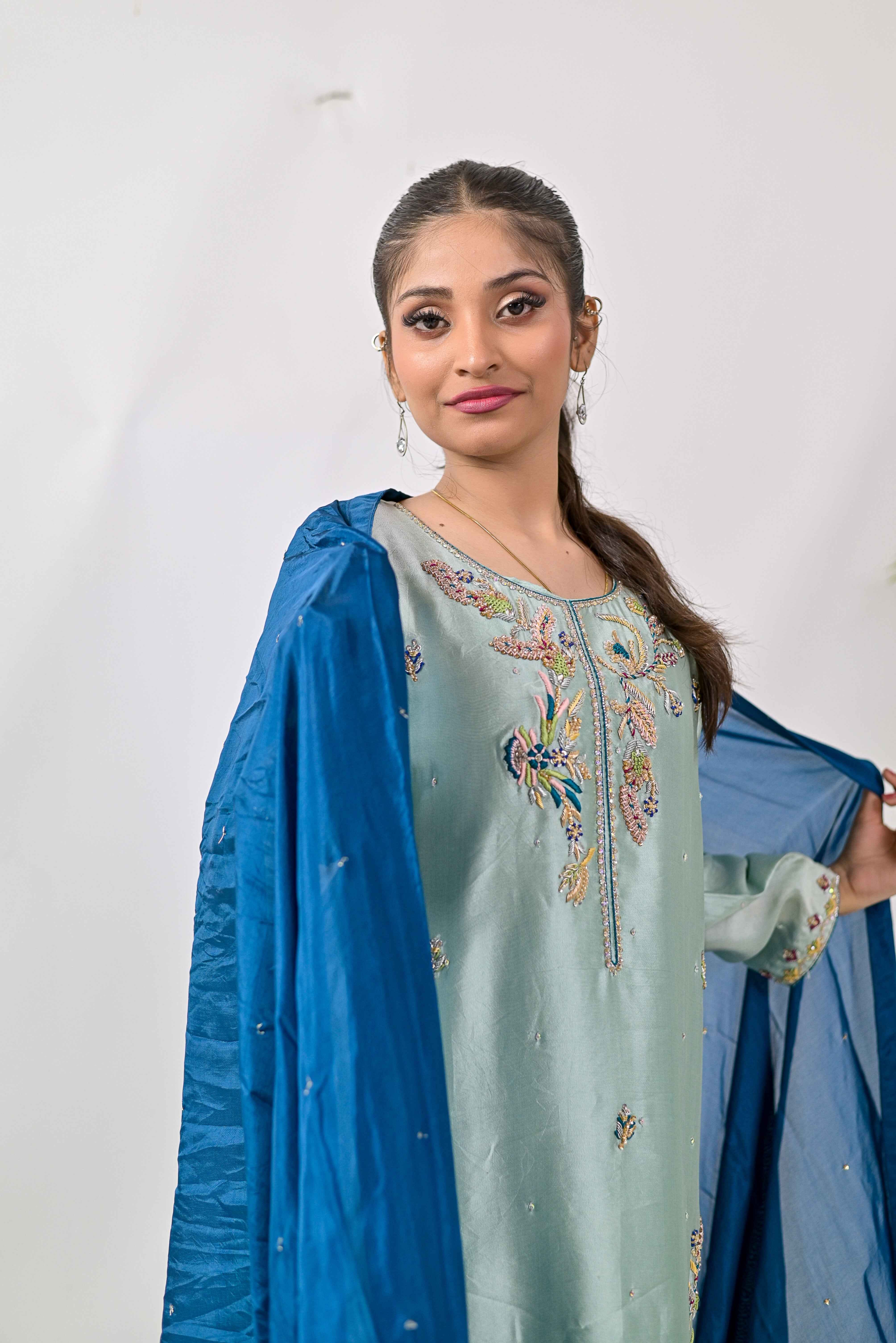 Lavender Embroidered Silk 3-Piece Suit N10 - Bin Hussain
