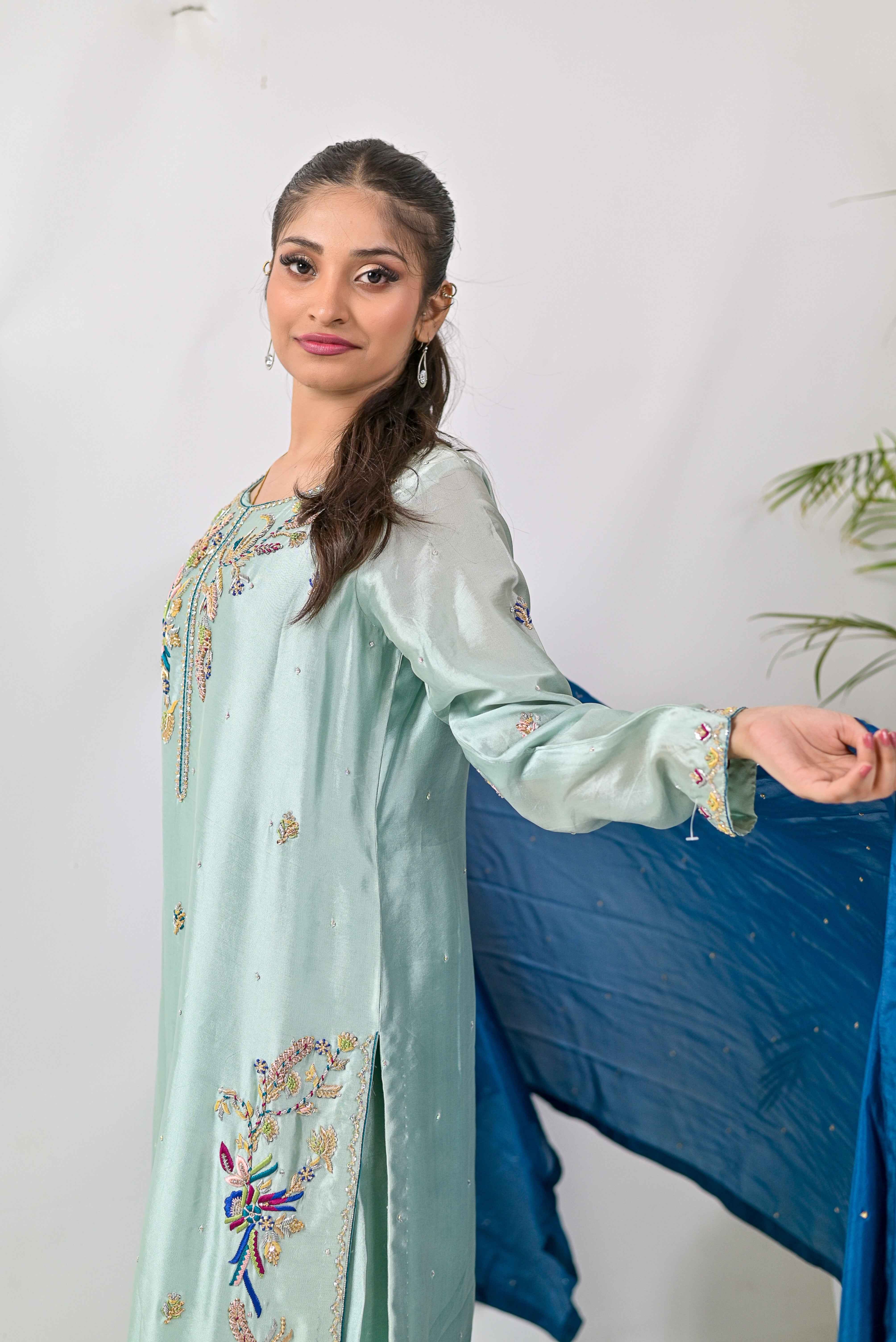 Lavender Embroidered Silk 3-Piece Suit N10 - Bin Hussain