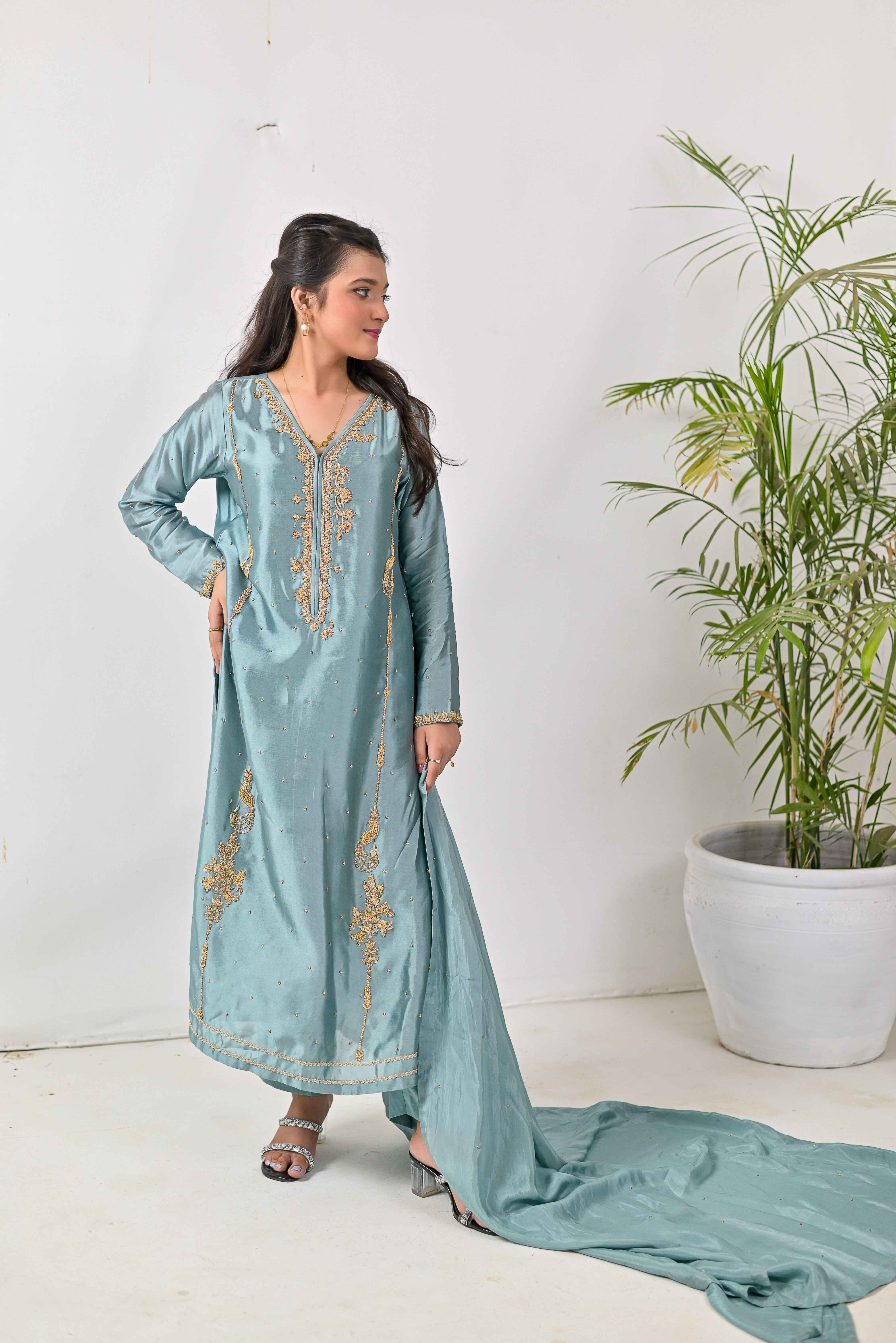 Pure Shisha Silk 3-Piece Suit – Lilac with Hand Embellishment - Bin Hussain