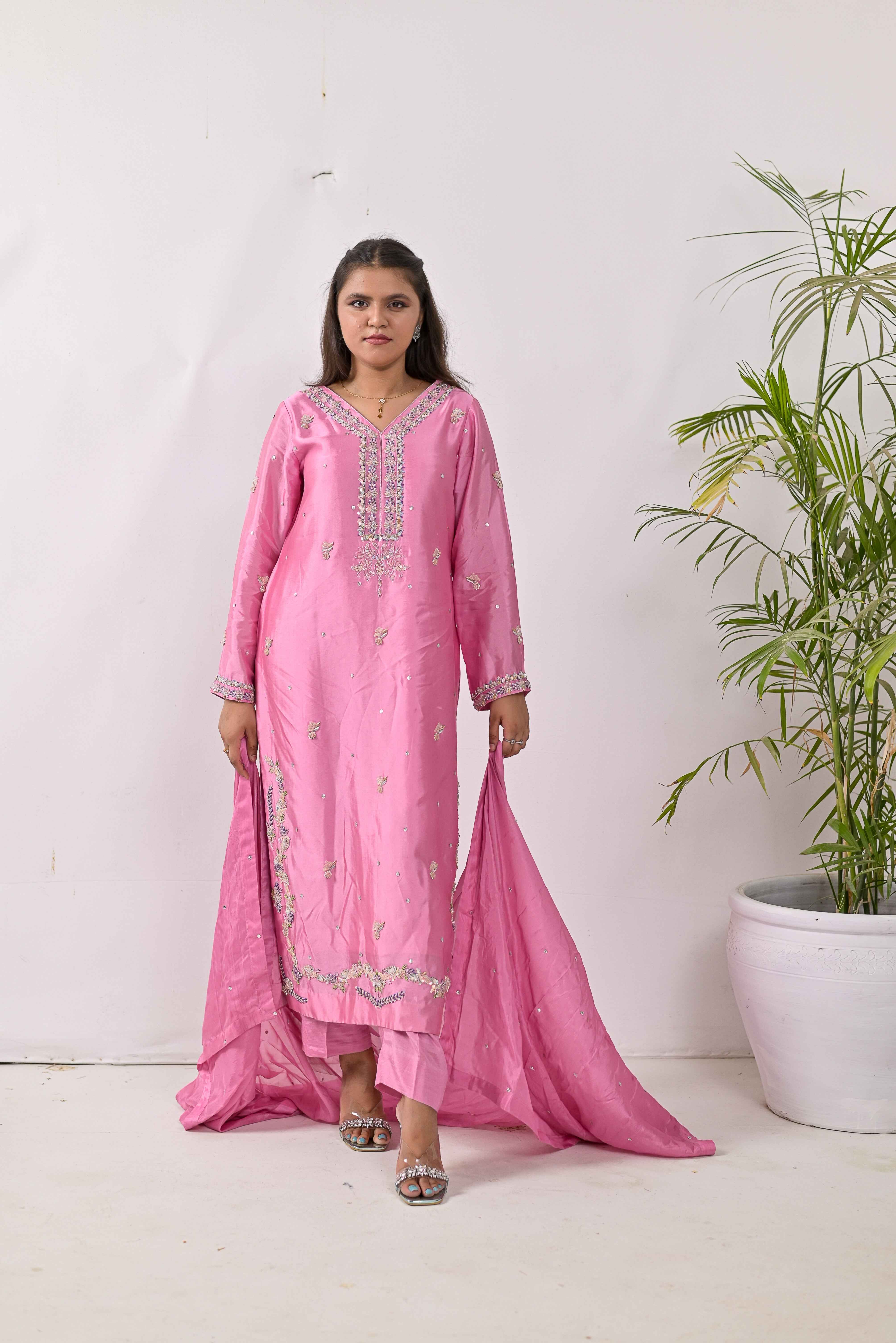 Pure Shisha Silk 3-Piece Suit – Lilac with Hand Embellishment - Bin Hussain