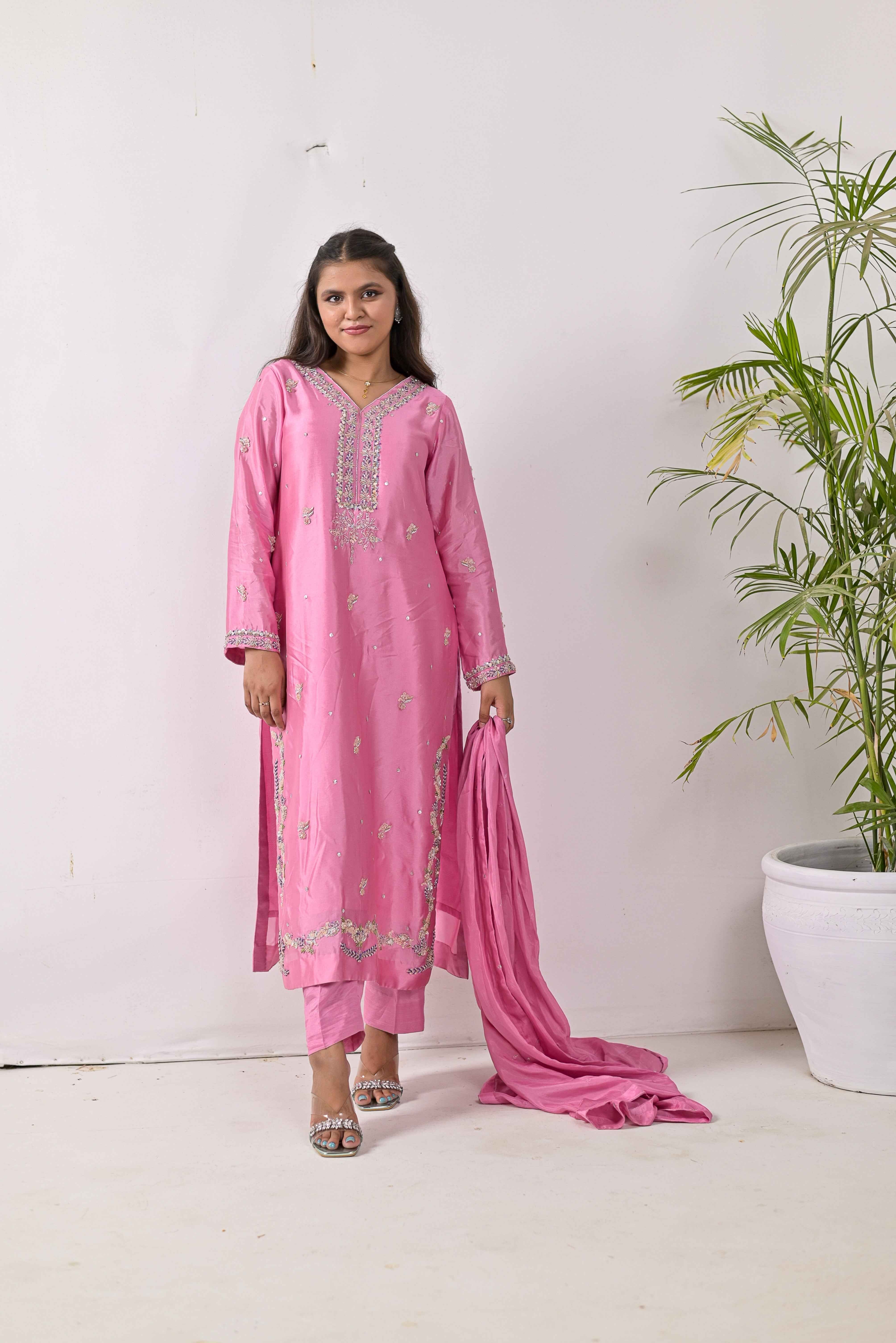 Pure Shisha Silk 3-Piece Suit – Lilac with Hand Embellishment - Bin Hussain