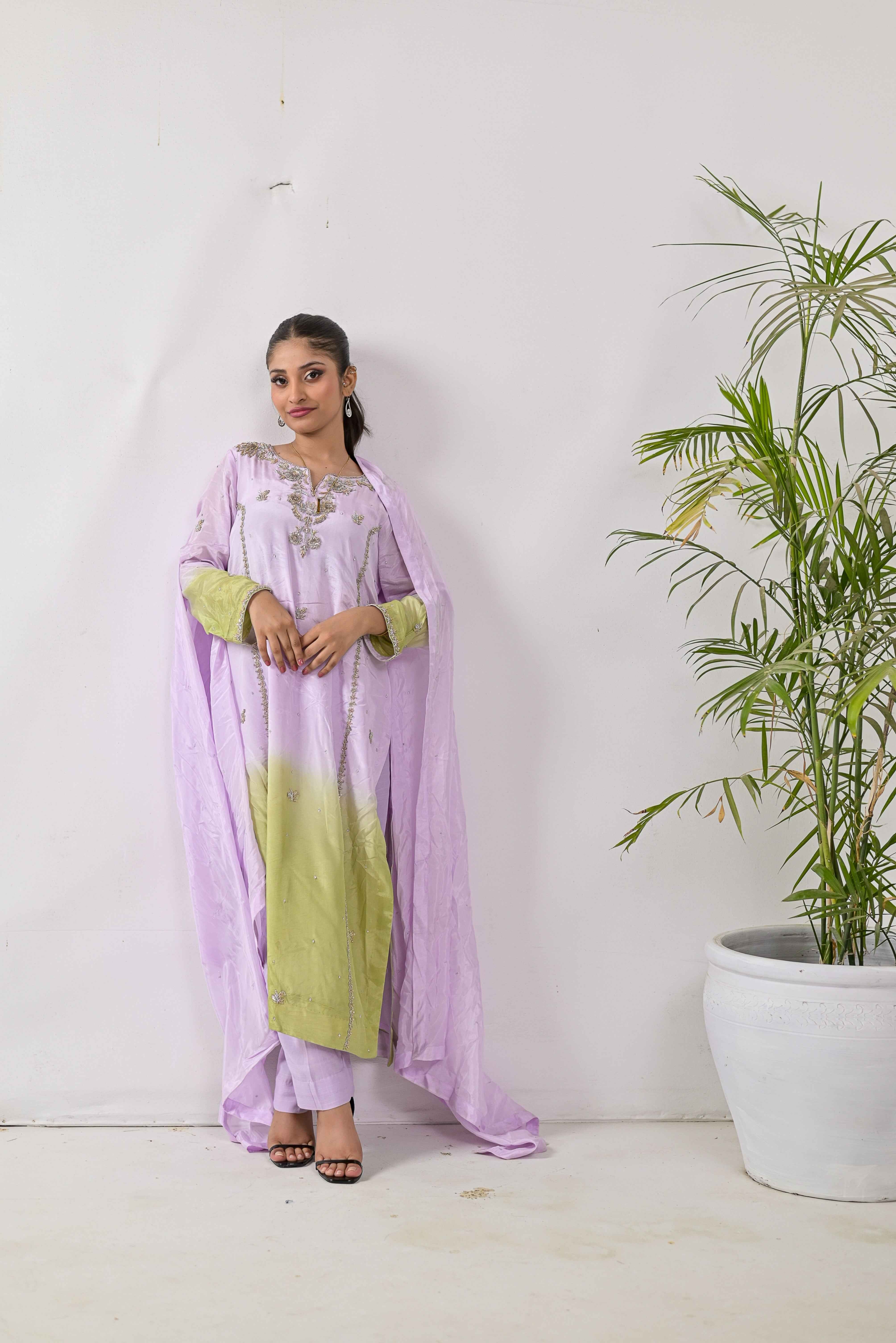 Pure Shisha Silk 3-Piece Suit – Lilac with Hand Embellishment - Bin Hussain
