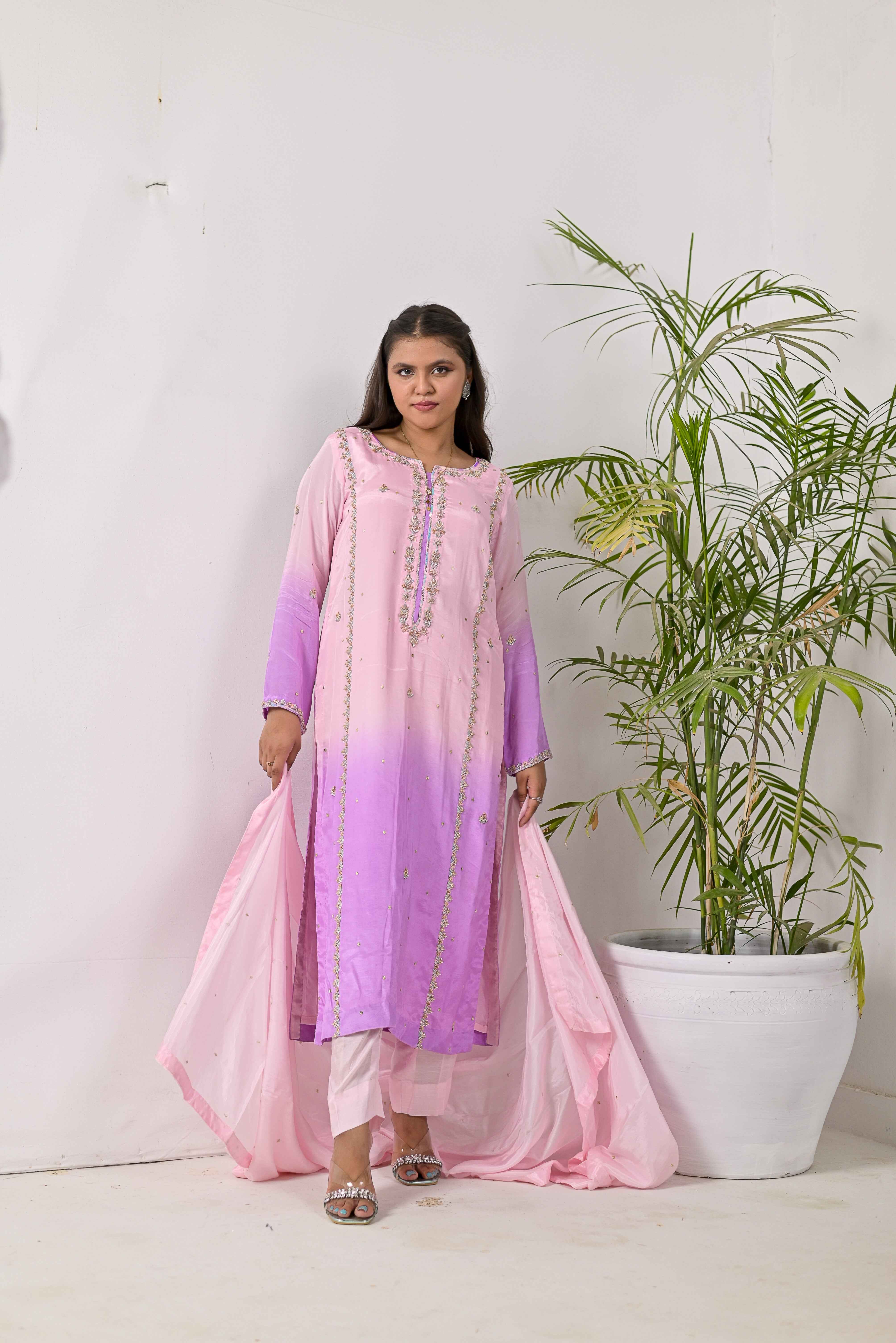 Pure Shisha Silk 3-Piece Suit – Lilac with Hand Embellishment - Bin Hussain