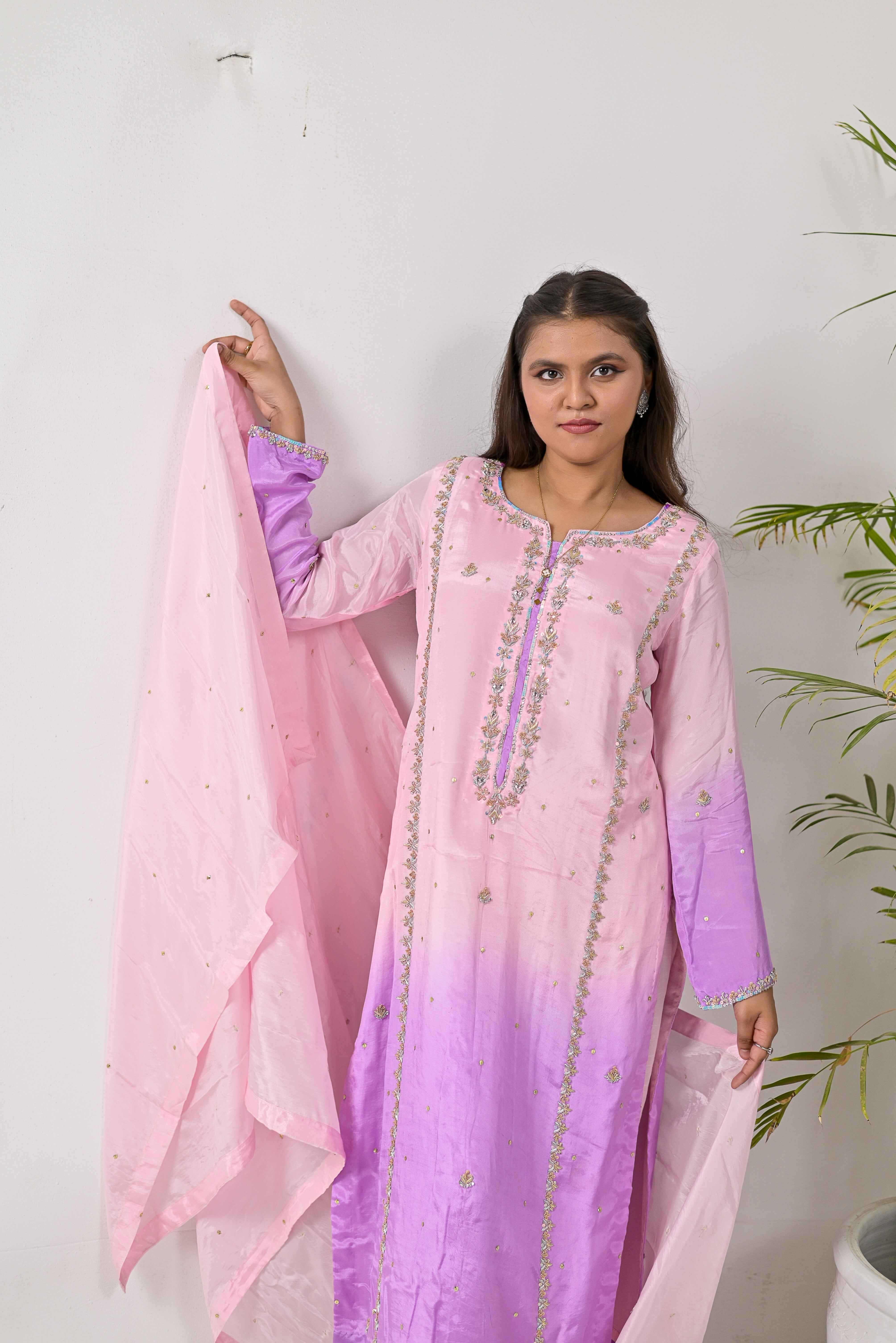 Pure Shisha Silk 3-Piece Suit – Lilac with Hand Embellishment - Bin Hussain