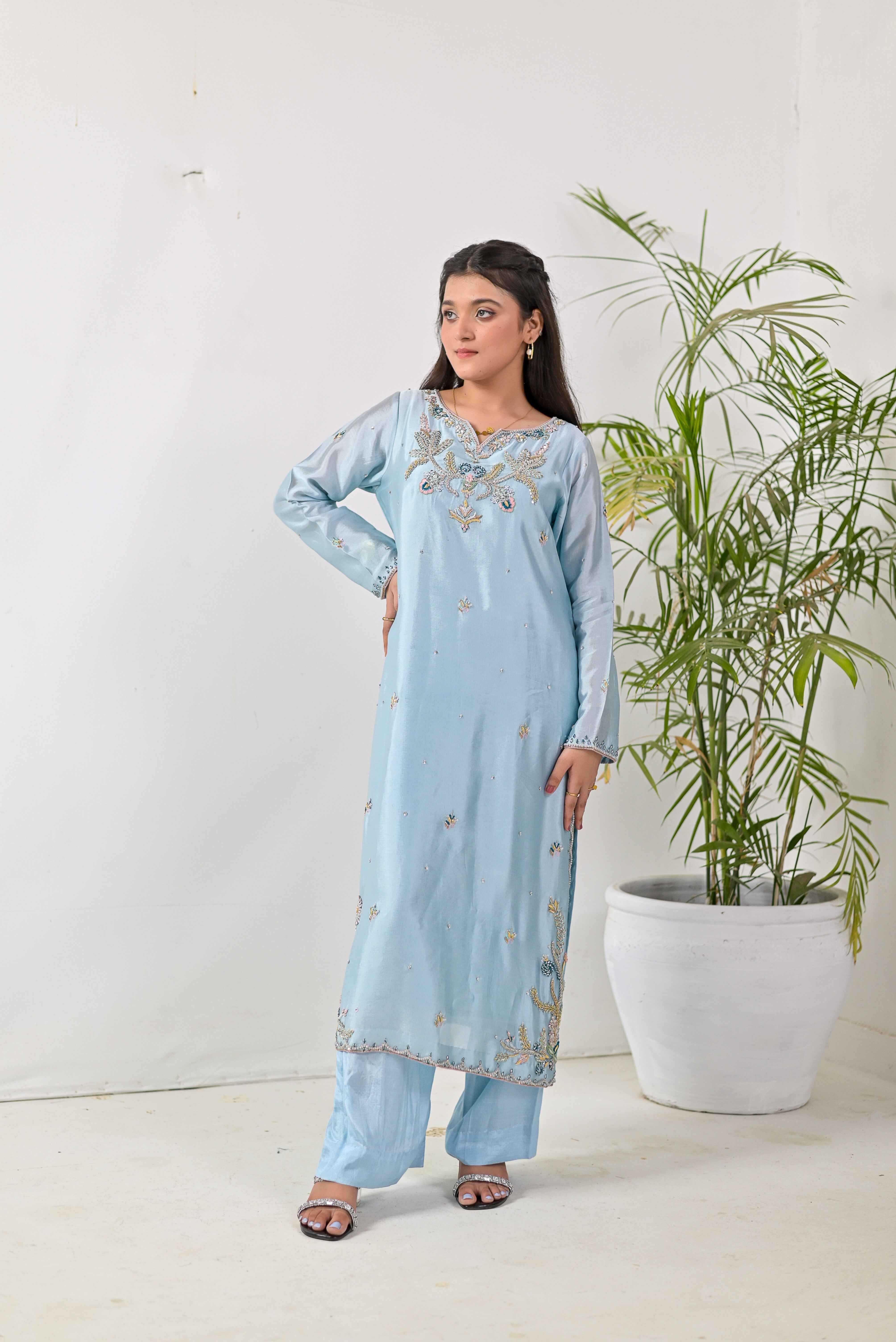 Pure Shisha Silk 3-Piece Suit – Lilac with Hand Embellishment - Bin Hussain