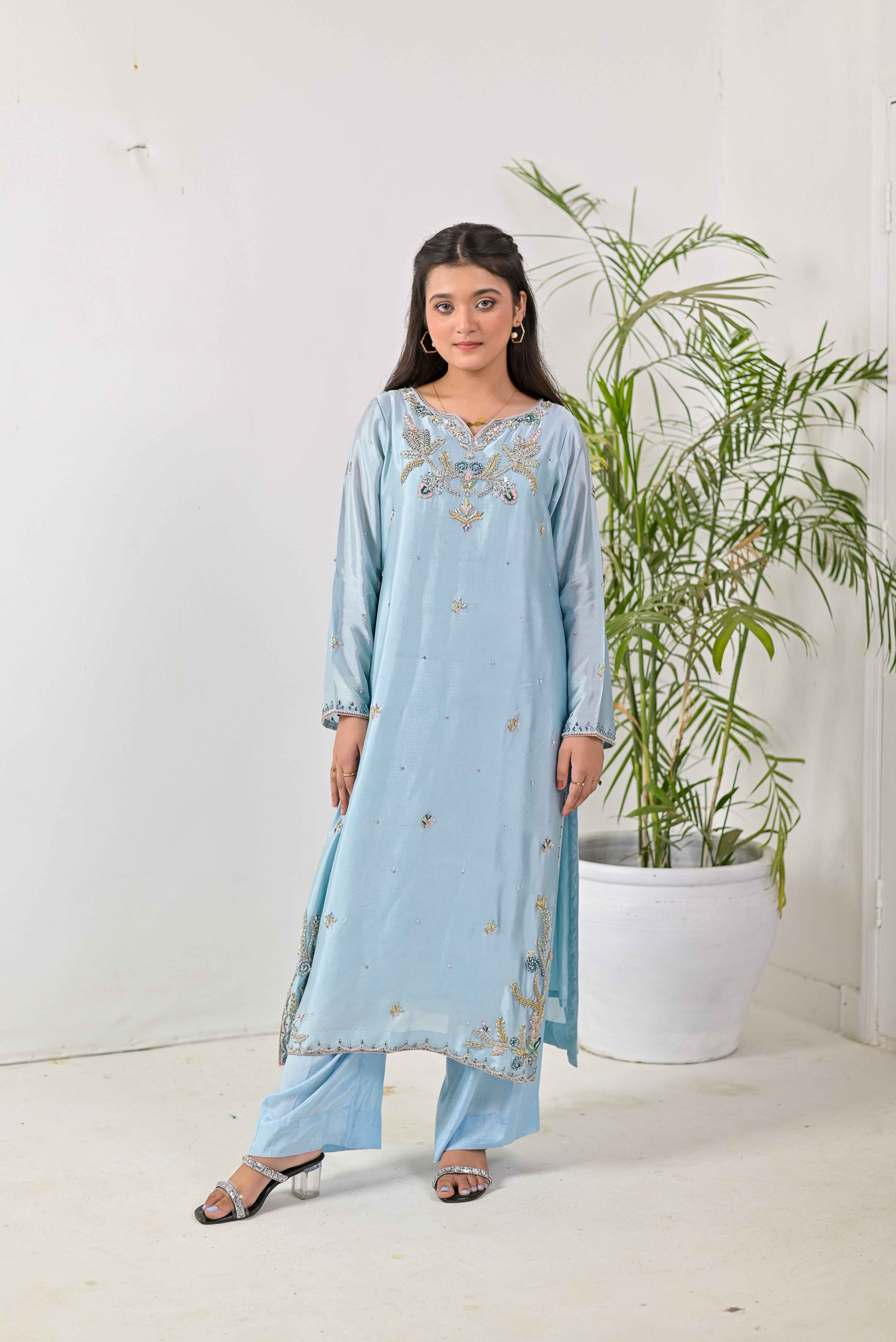 Pure Shisha Silk 3-Piece Suit – Lilac with Hand Embellishment - Bin Hussain