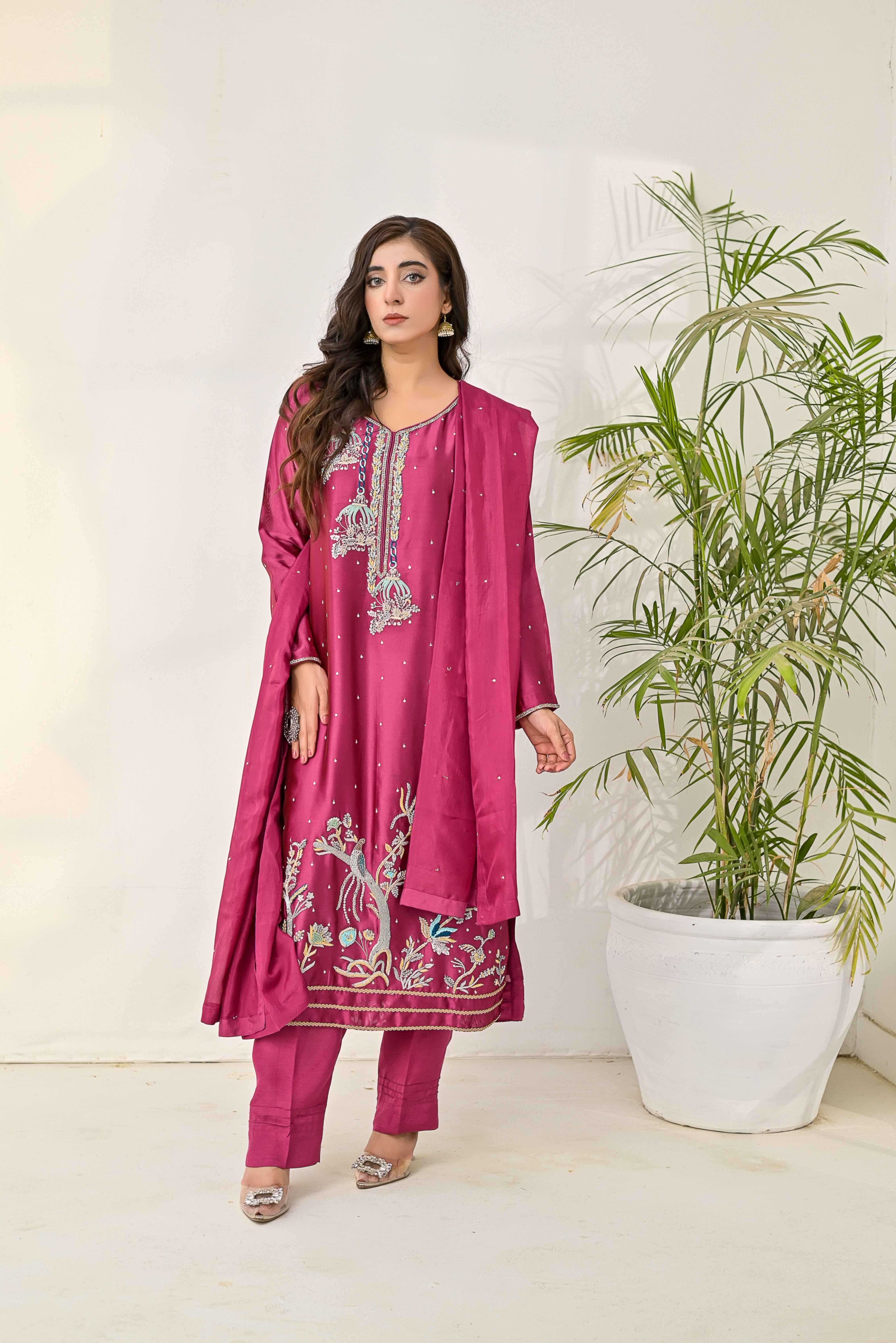 Pure Shisha Silk 3-Piece Suit – Lilac with Hand Embellishment - Bin Hussain