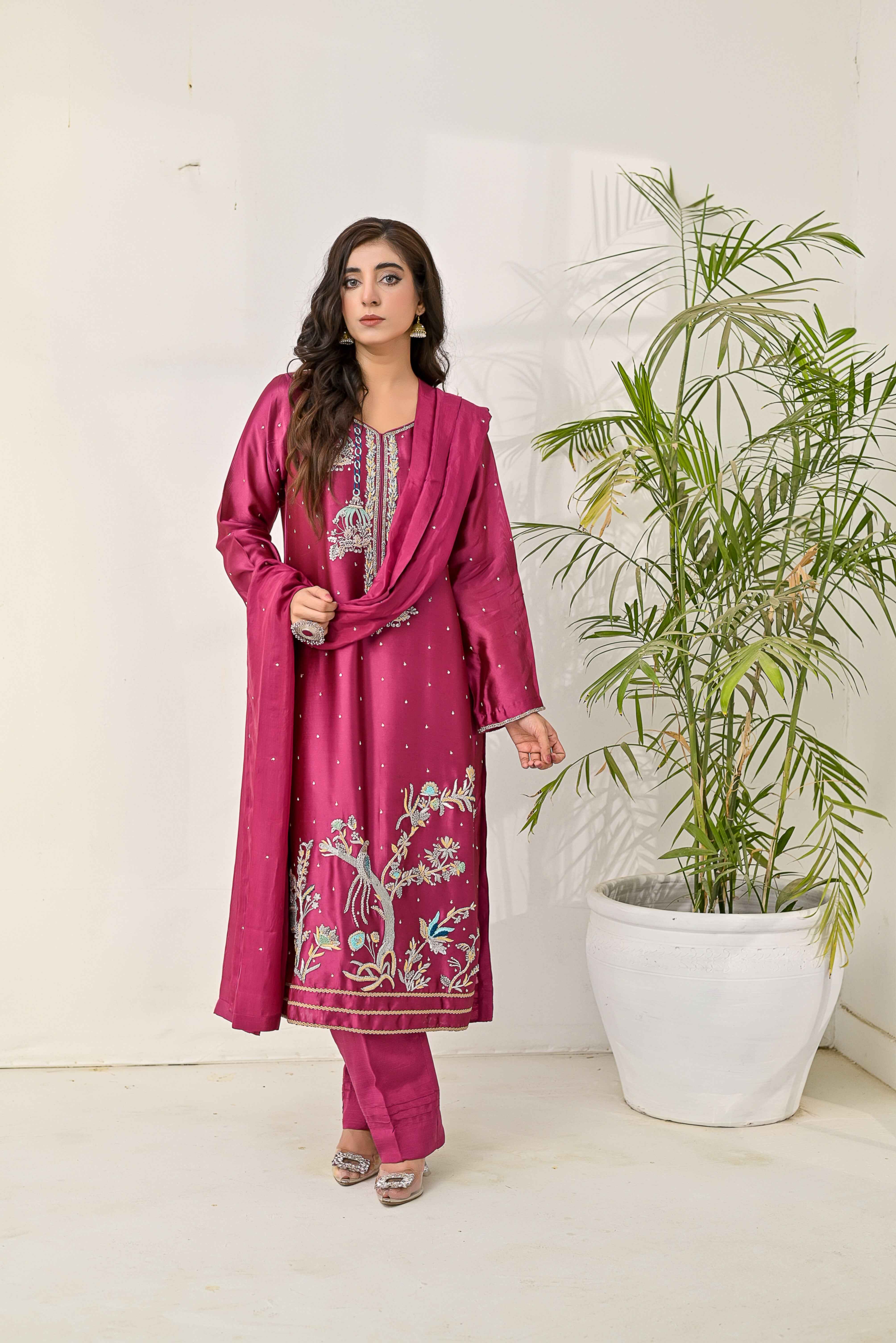 Pure Shisha Silk 3-Piece Suit – Lilac with Hand Embellishment - Bin Hussain