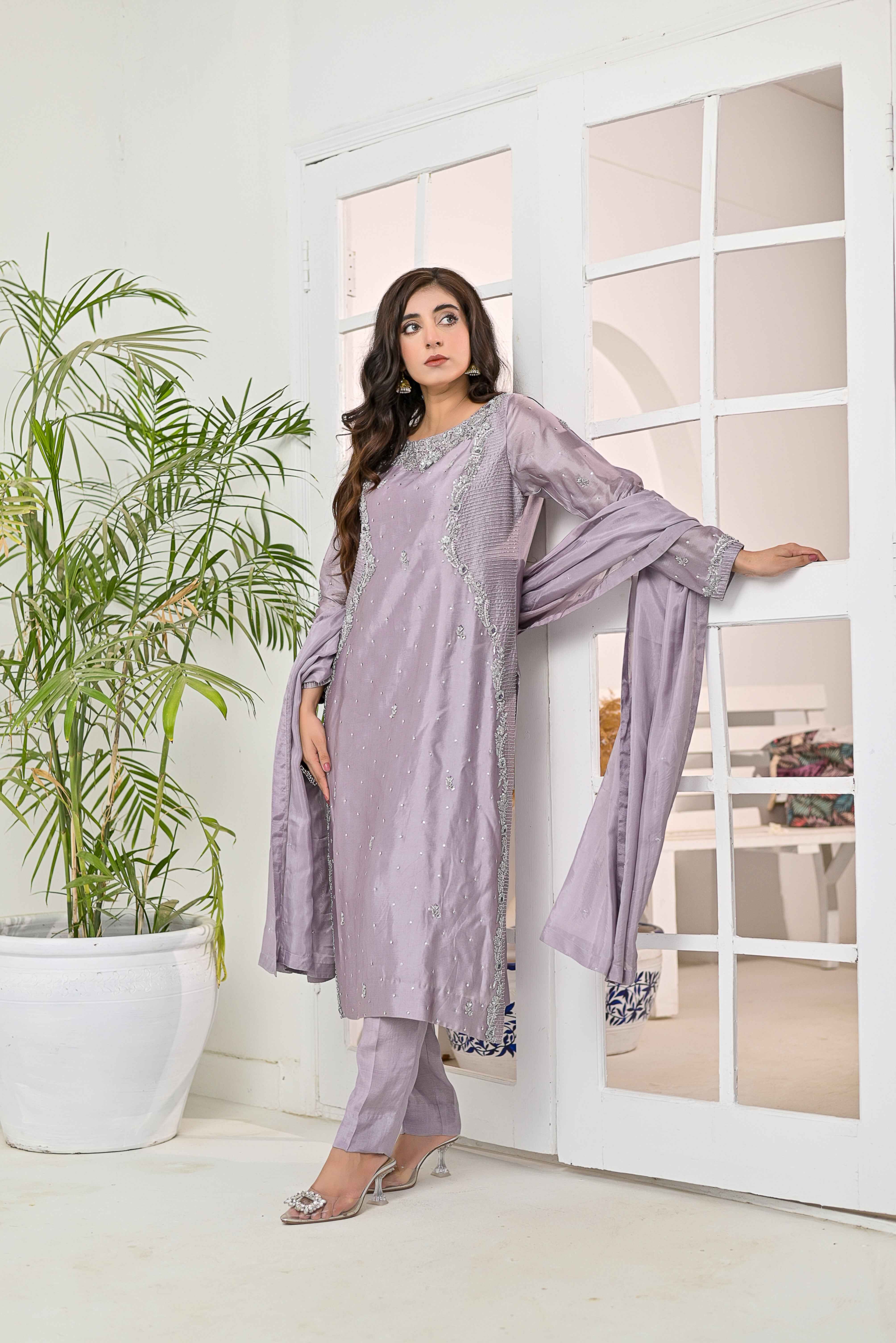 Pure Shisha Silk 3-Piece Suit – Lilac with Hand Embellishment - Bin Hussain