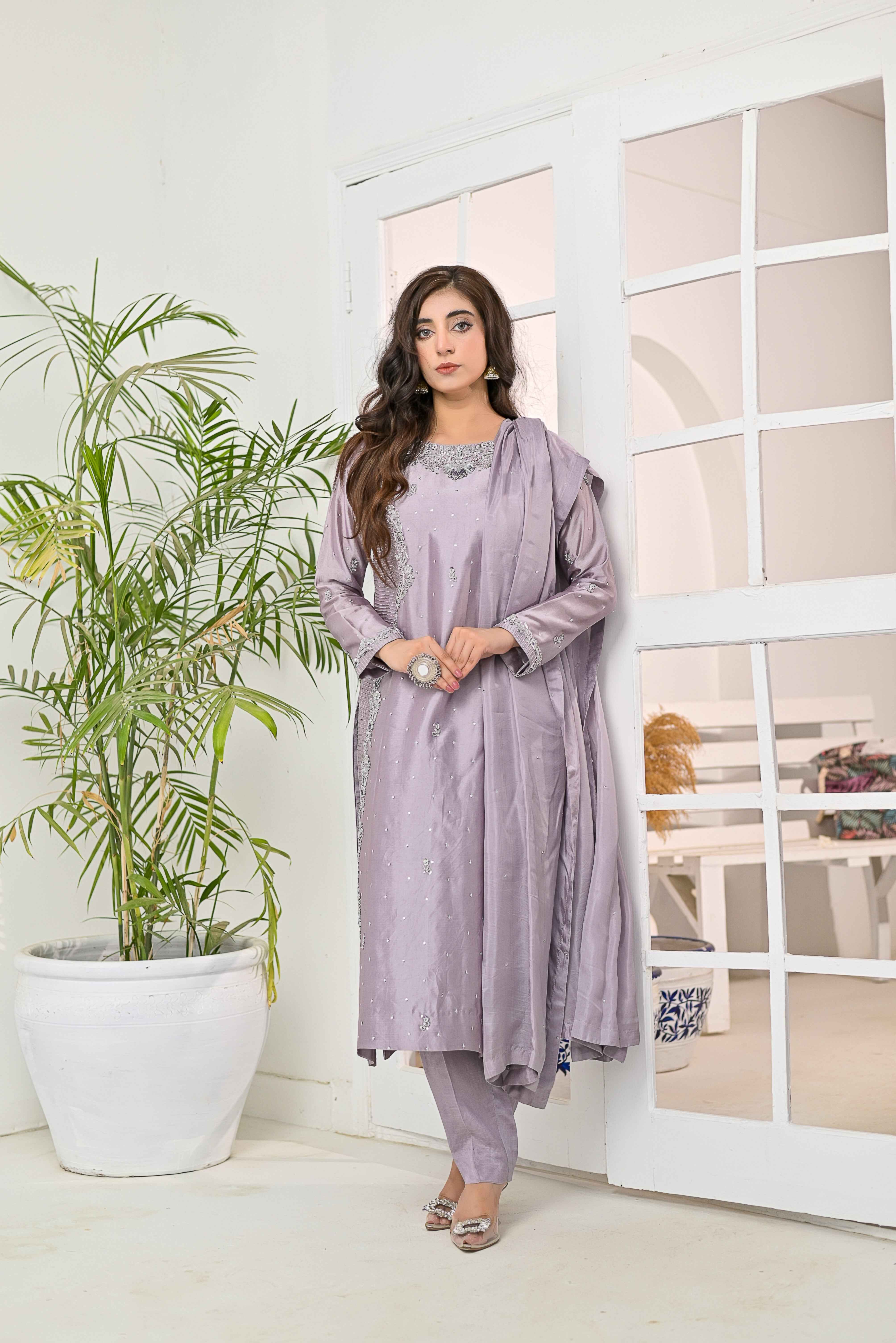 Pure Shisha Silk 3-Piece Suit – Lilac with Hand Embellishment - Bin Hussain