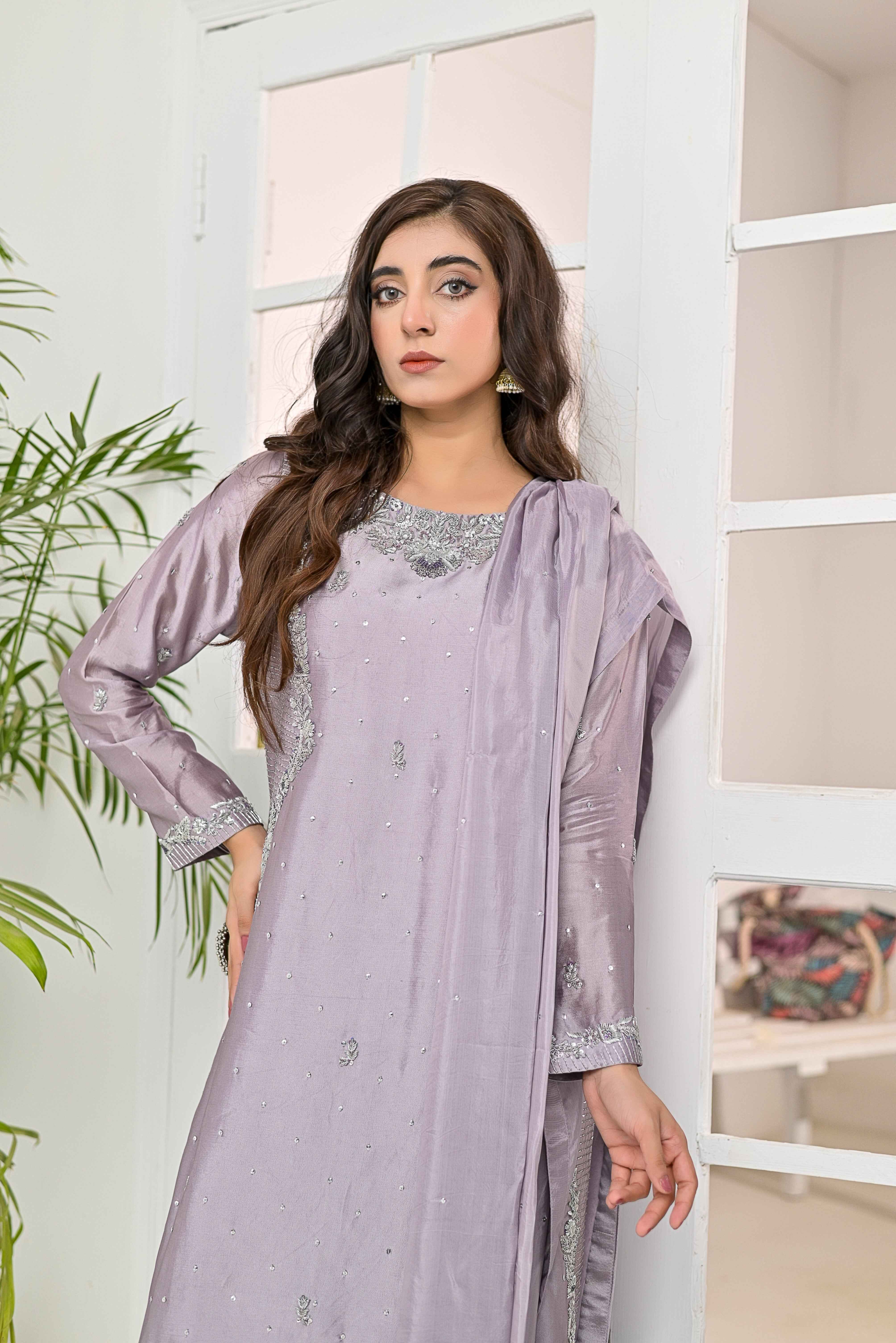 Pure Shisha Silk 3-Piece Suit – Lilac with Hand Embellishment - Bin Hussain