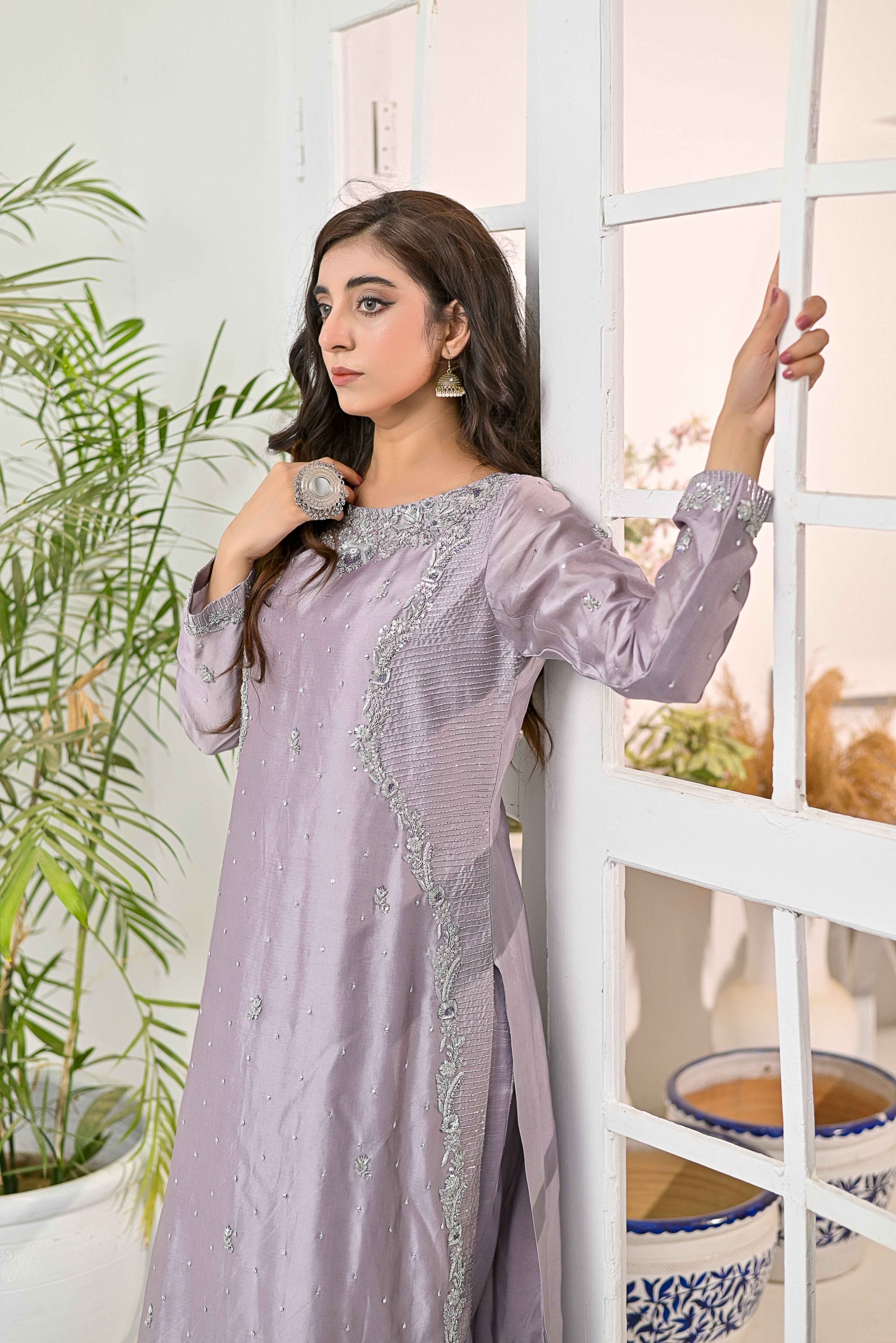 Pure Shisha Silk 3-Piece Suit – Lilac with Hand Embellishment - Bin Hussain