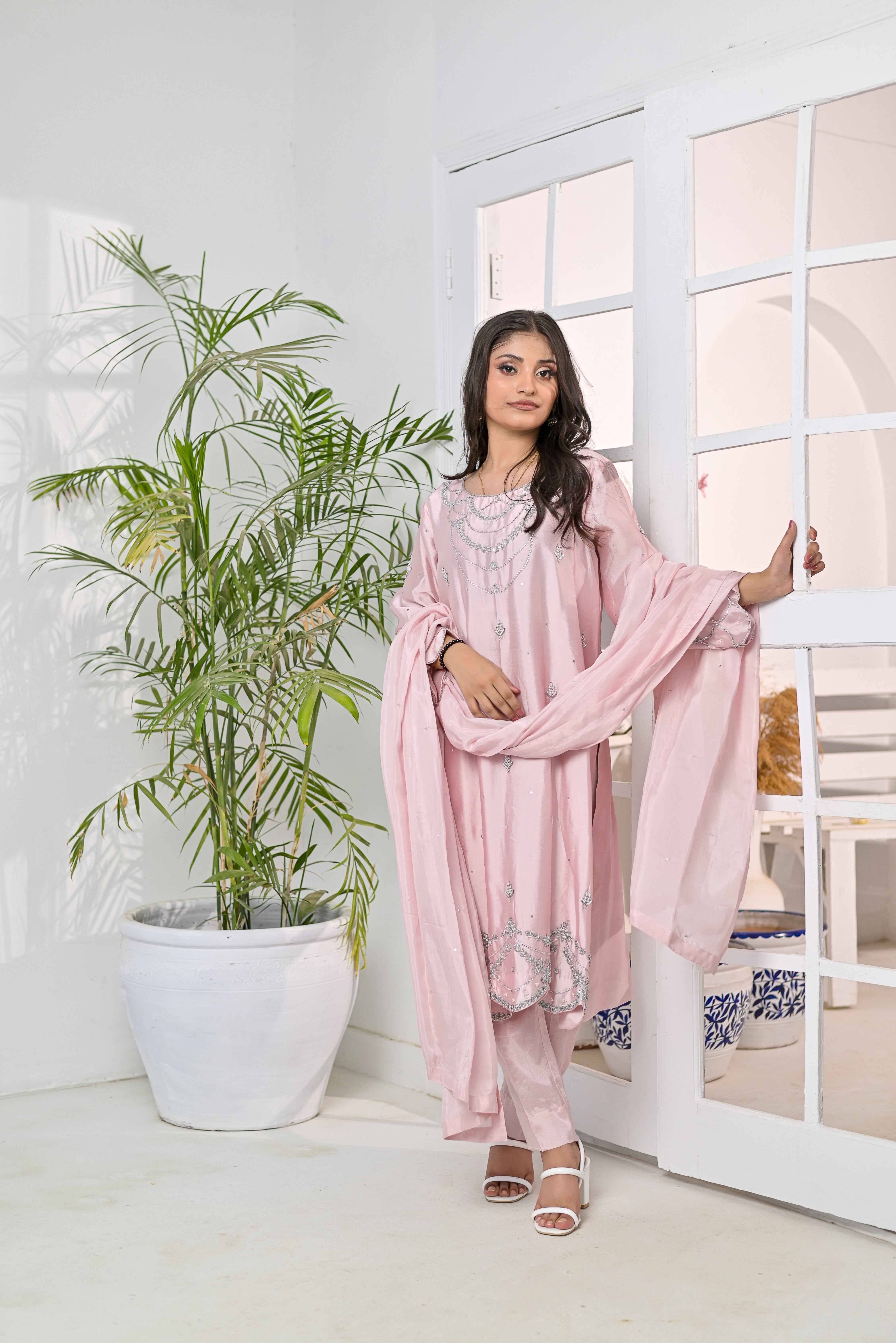 Pure Shisha Silk 3-Piece Suit – Lilac with Hand Embellishment - Bin Hussain