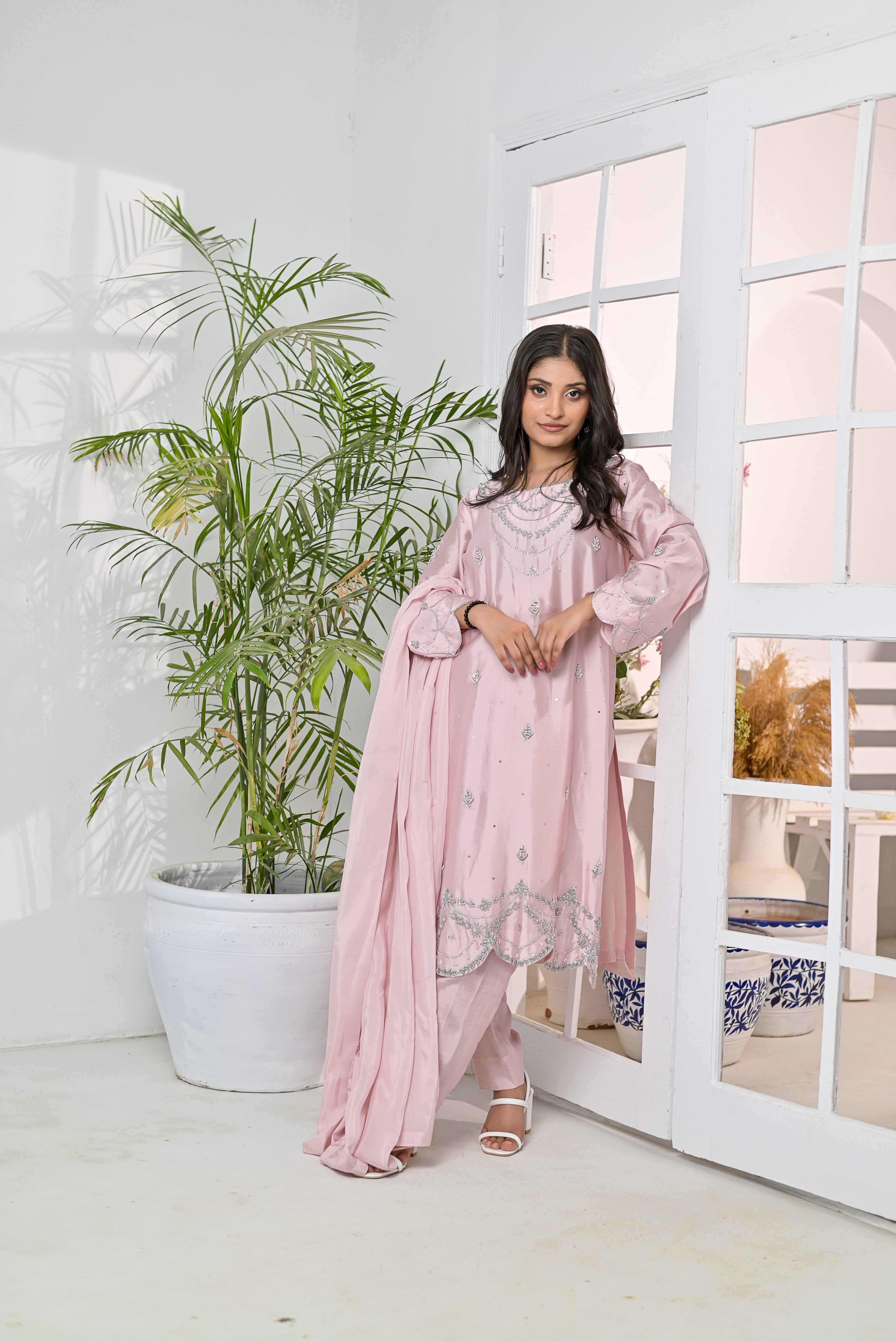 Pure Shisha Silk 3-Piece Suit – Lilac with Hand Embellishment - Bin Hussain