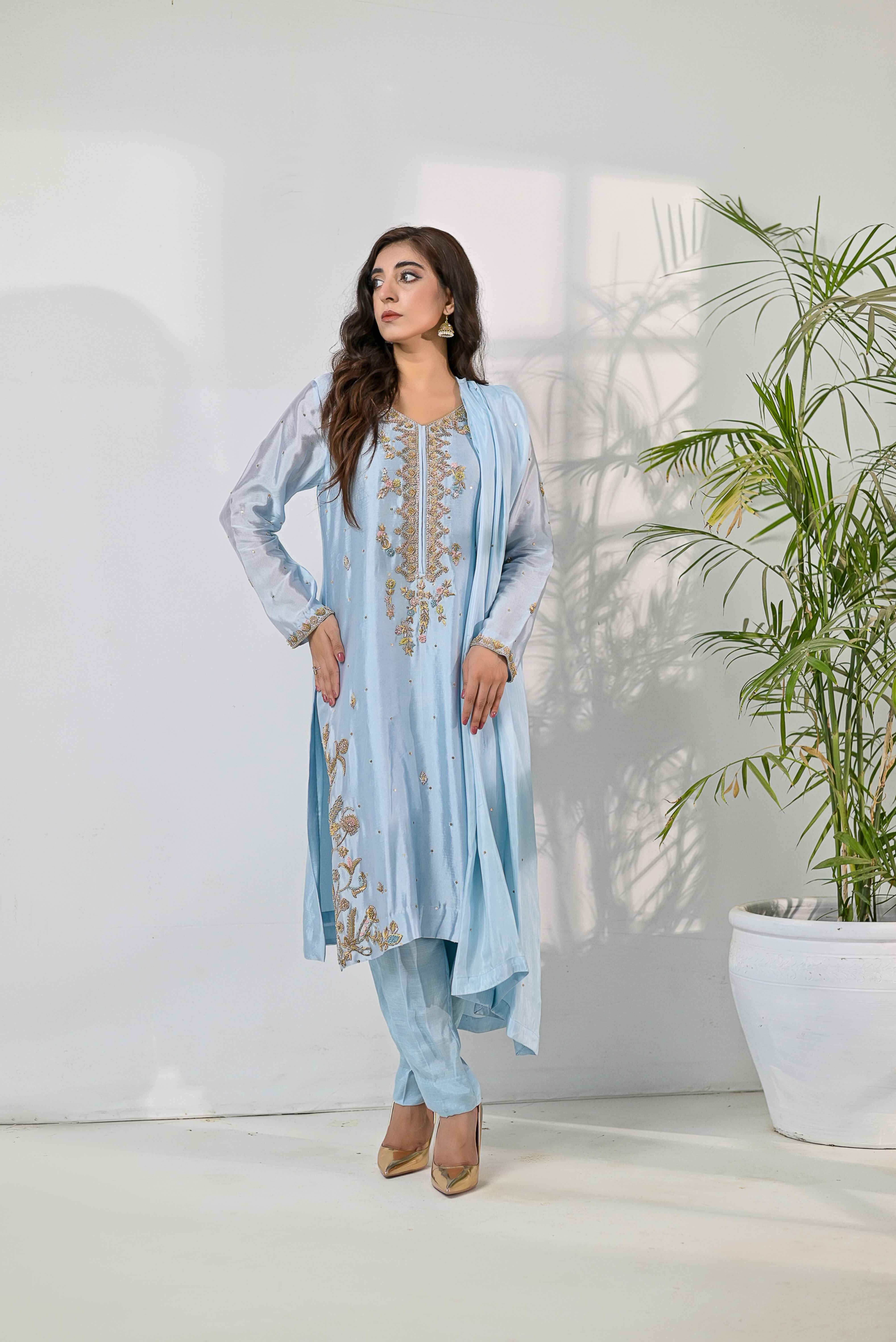 Pure Shisha Silk 3-Piece Suit – Lilac with Hand Embellishment - Bin Hussain