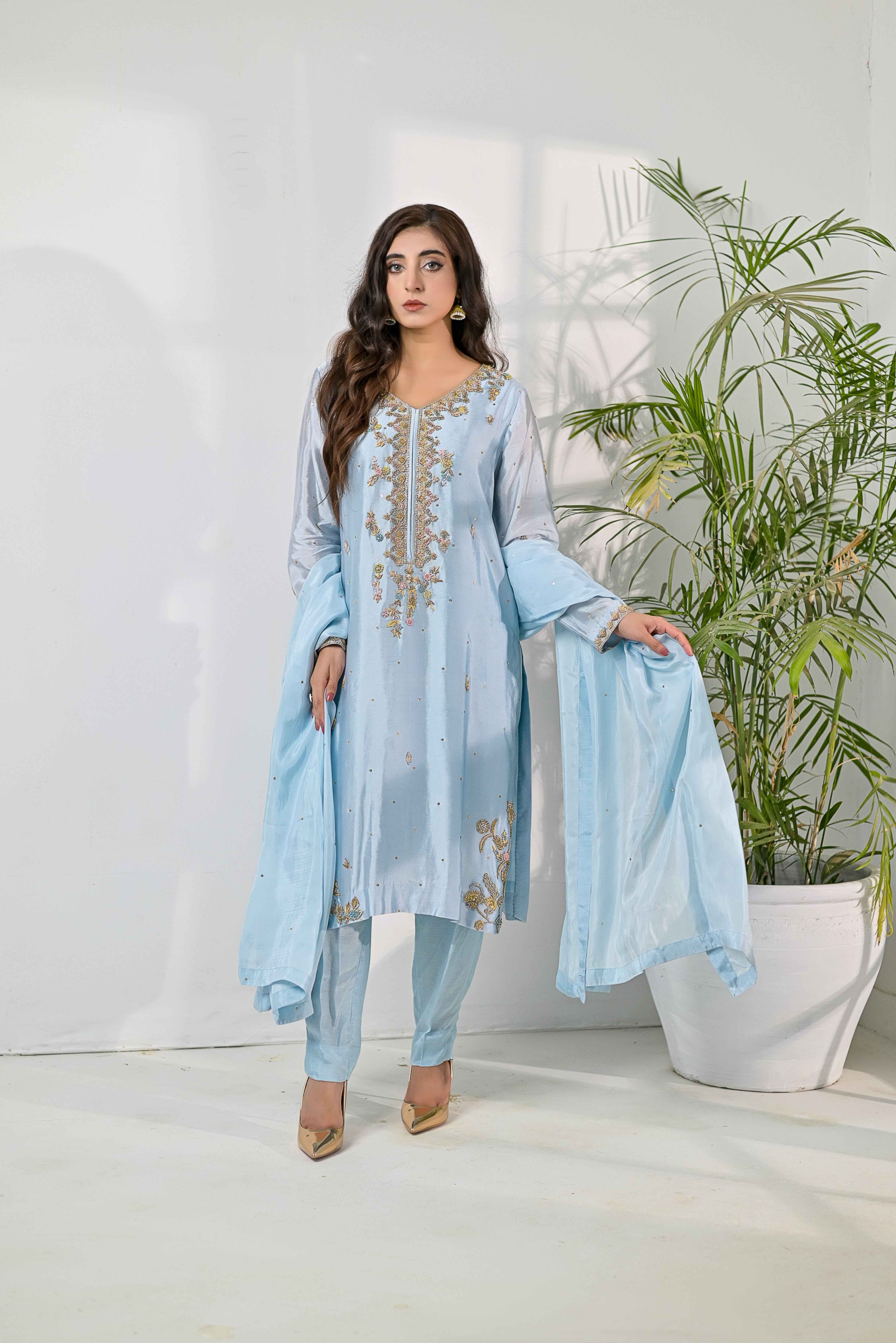 Pure Shisha Silk 3-Piece Suit – Lilac with Hand Embellishment - Bin Hussain