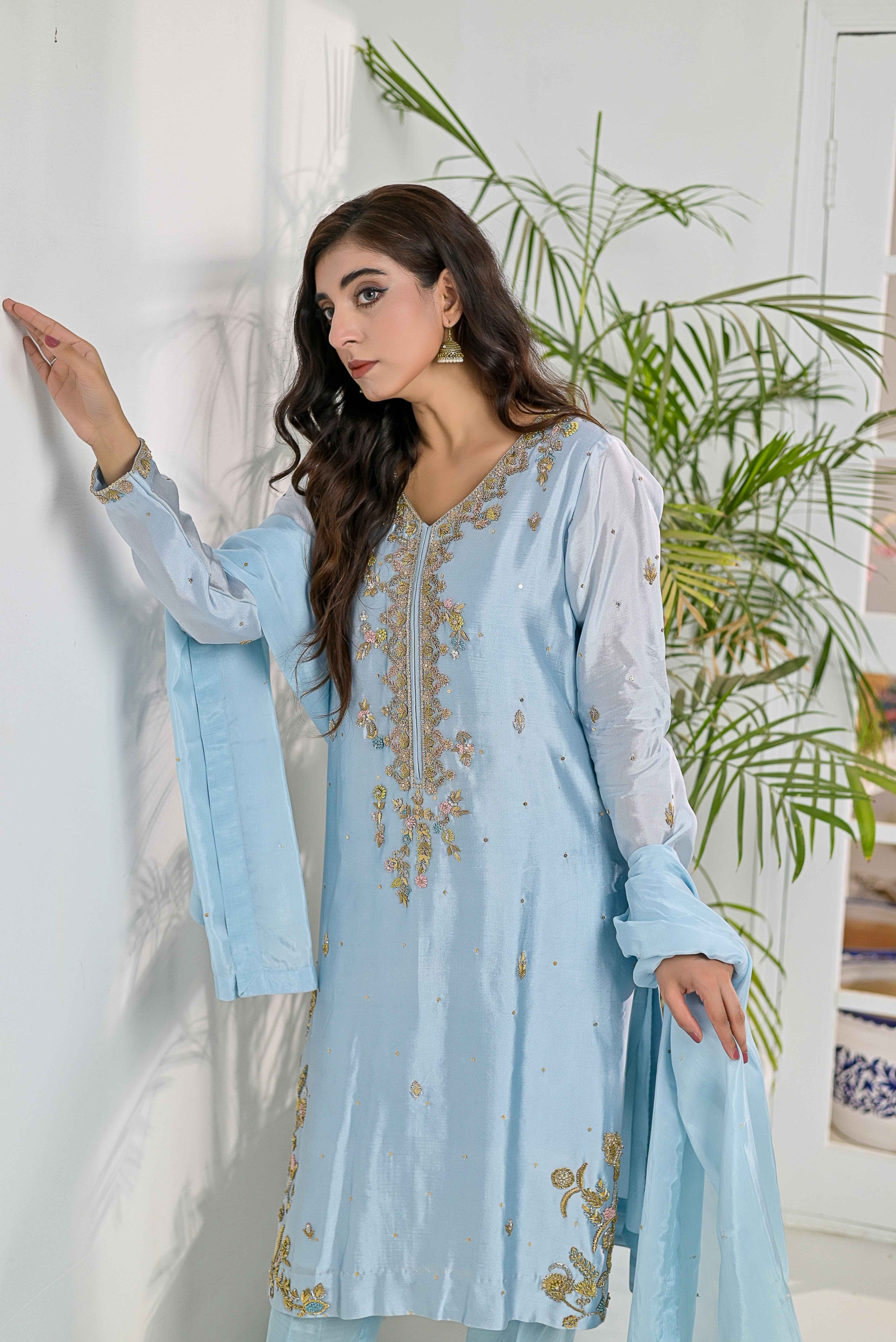 Pure Shisha Silk 3-Piece Suit – Lilac with Hand Embellishment - Bin Hussain