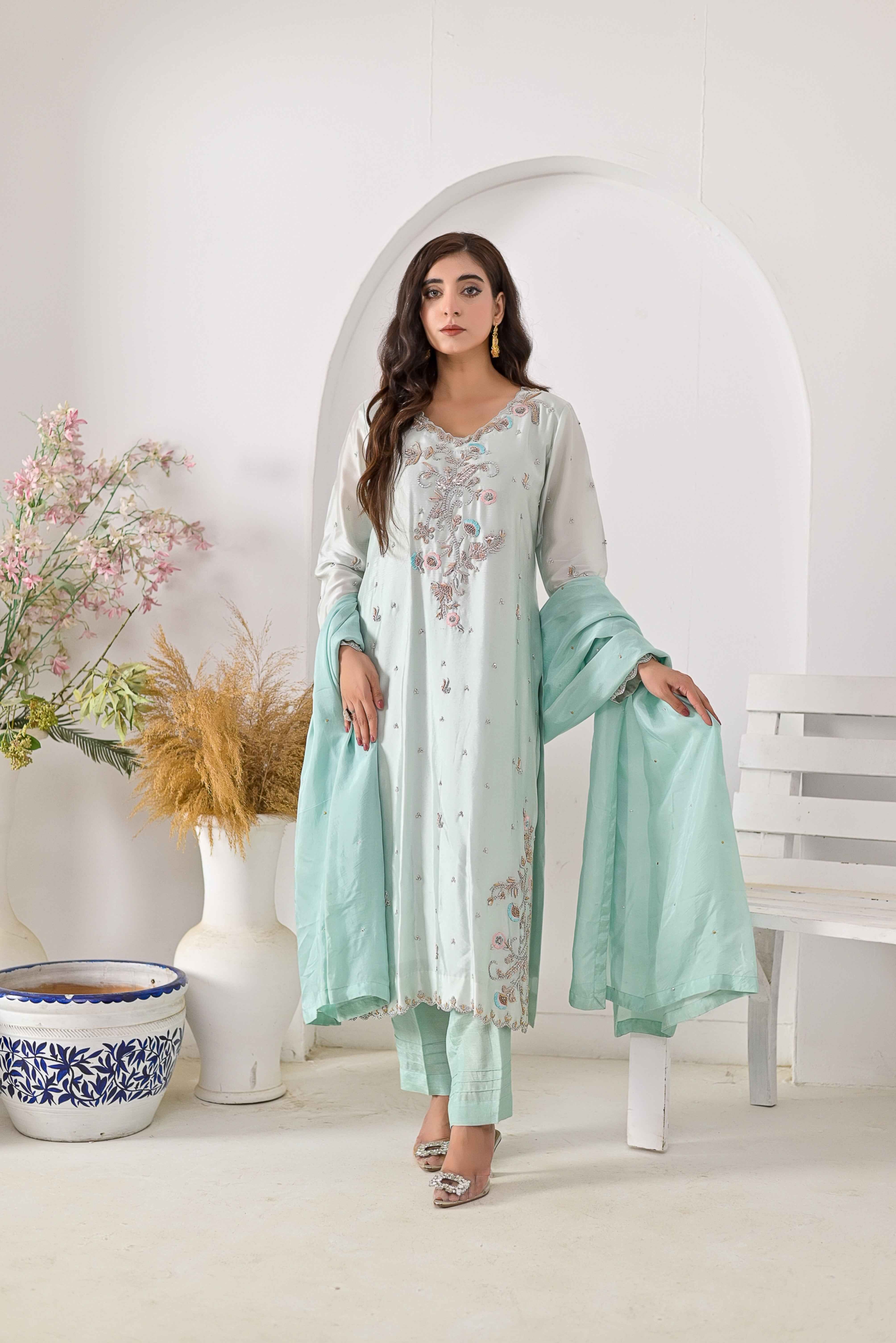 Pure Shisha Silk 3-Piece Suit – Lilac with Hand Embellishment - Bin Hussain