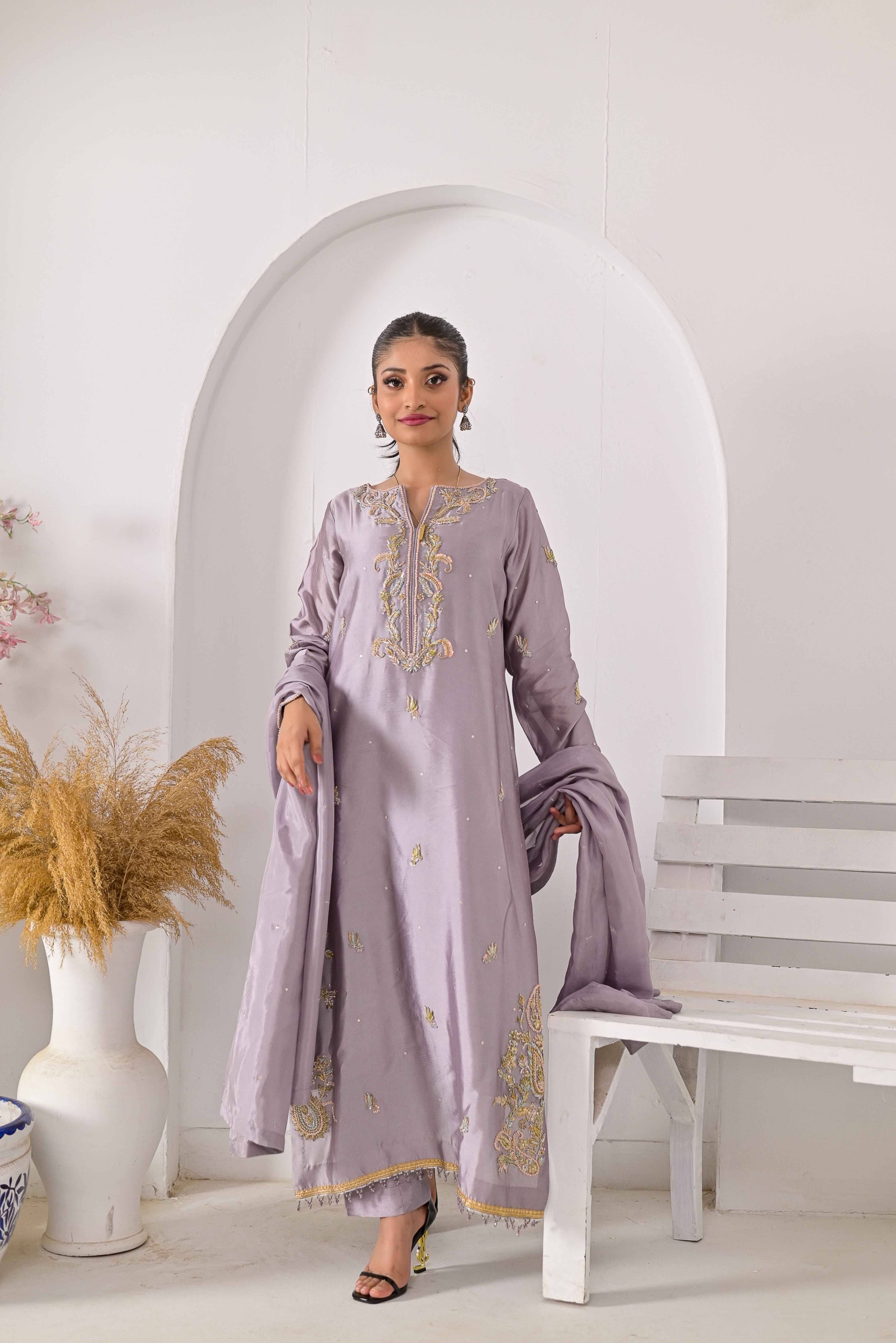 Pure Shisha Silk 3-Piece Suit – Lilac with Hand Embellishment - Bin Hussain