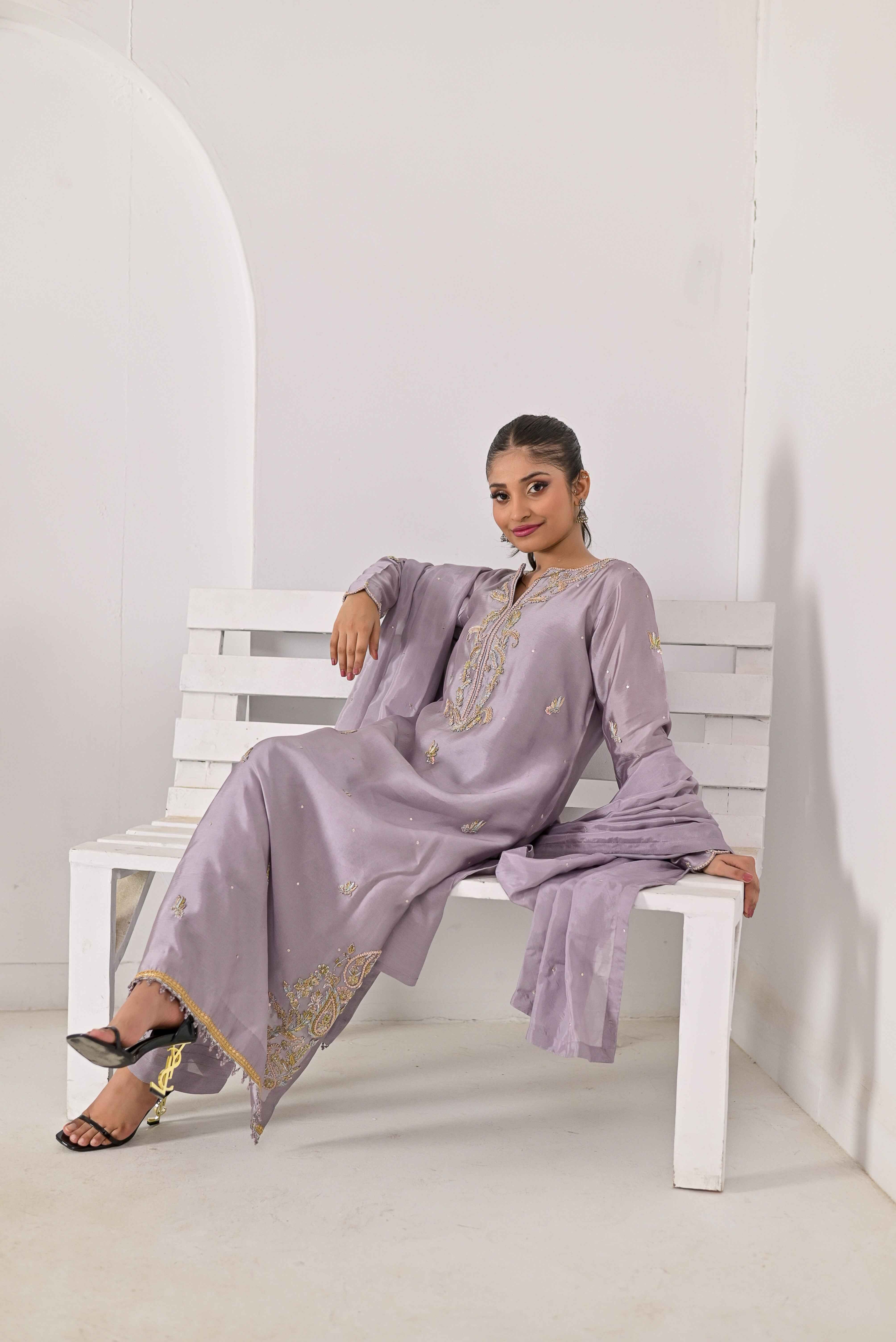 Pure Shisha Silk 3-Piece Suit – Lilac with Hand Embellishment - Bin Hussain